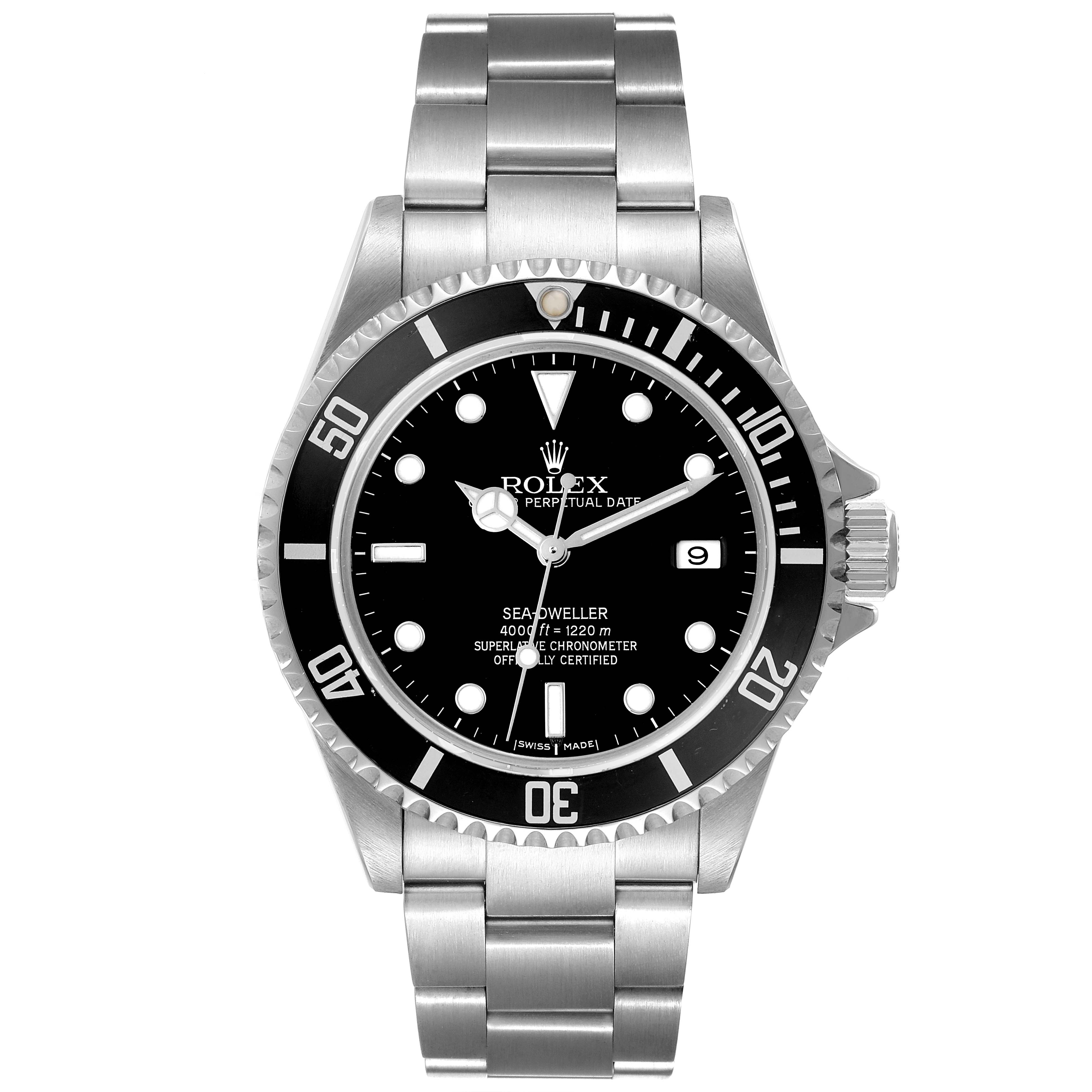 The Rolex Sea-Dweller M16600T Men's Stainless Steel Black Dial watch is shown front-on, displaying the dial, bezel, bracelet, and crown.