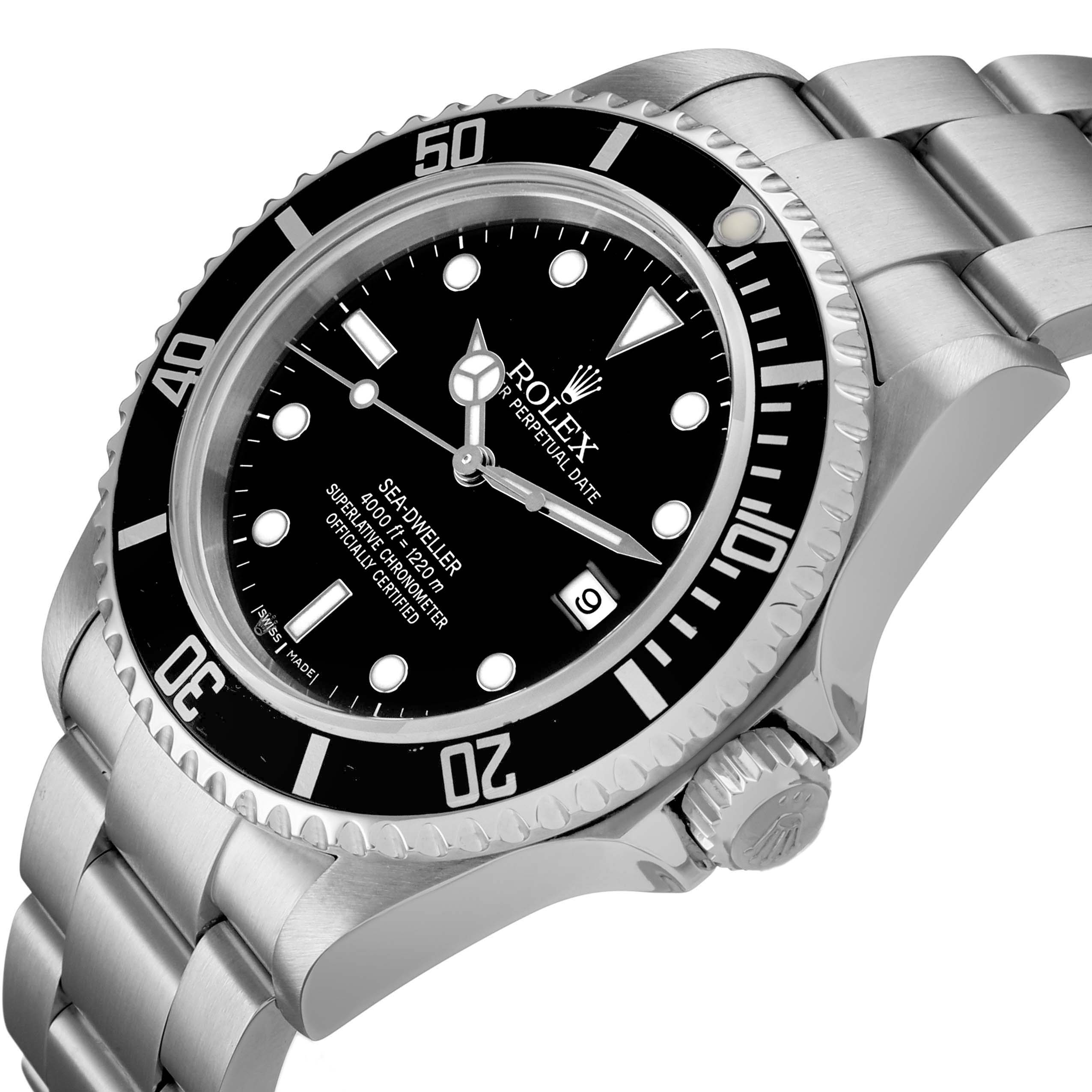 The Rolex Sea-Dweller M16600T Men's Stainless Steel Black Dial watch is shown at a slight angle, highlighting the dial, bezel, and stainless steel bracelet.