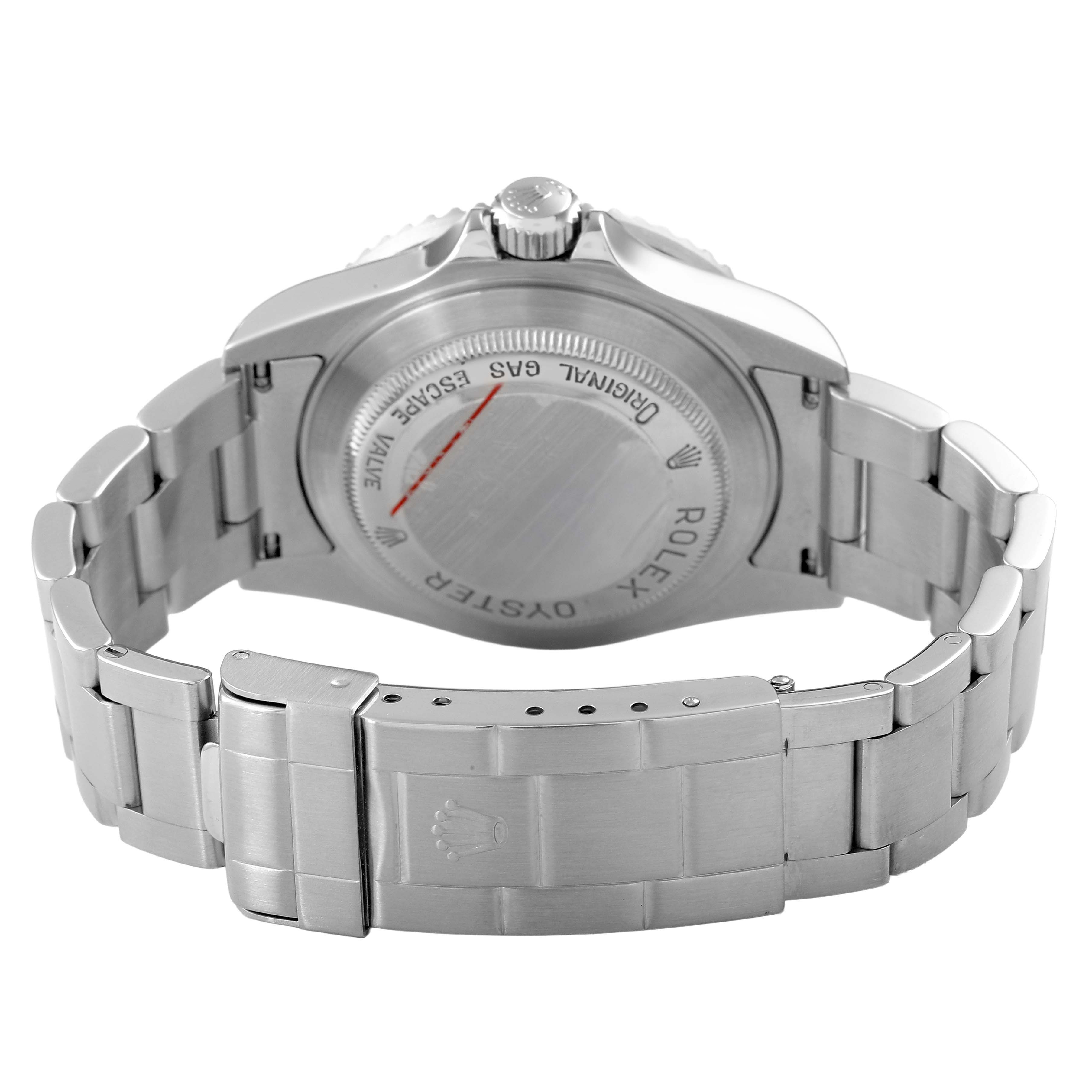 The image shows the back of the Rolex Sea-Dweller M16600T Men's Stainless Steel Black Dial, highlighting the case back, crown, and metal bracelet.