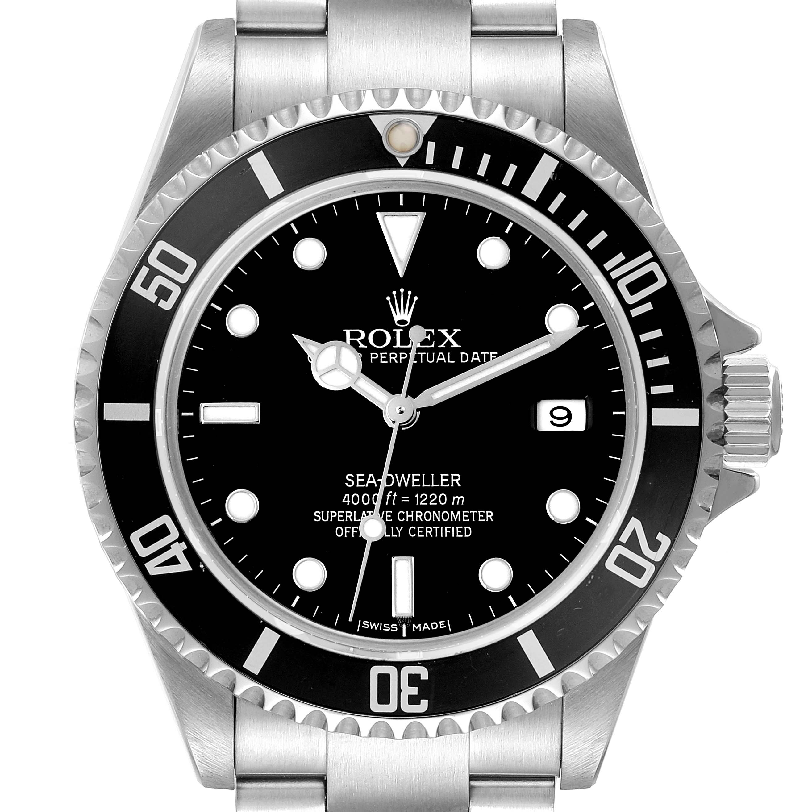 The Rolex Sea-Dweller M16600T Men's Stainless Steel Black Dial watch is shown from the front, displaying its black dial, bezel, markers, and the date window.