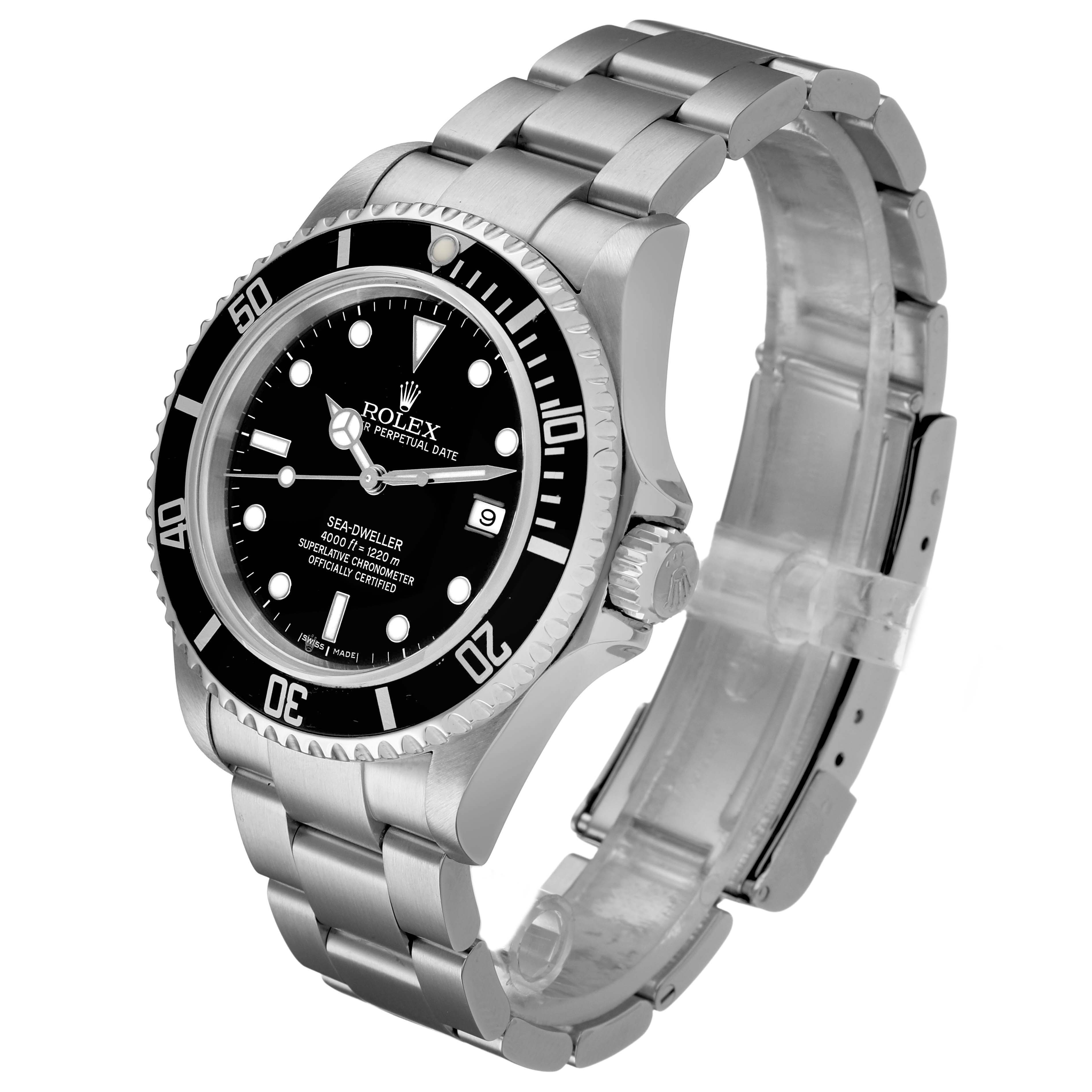 The Rolex Sea-Dweller M16600T Men's Stainless Steel Black Dial is shown at an angled view, displaying the face, bezel, crown, and part of the bracelet.