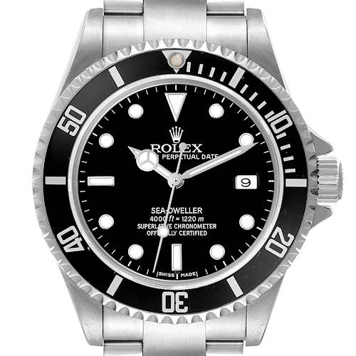 The Rolex Sea-Dweller M16600T Men's Stainless Steel Black Dial watch is shown from the front, displaying the dial, bezel, crown, and bracelet.