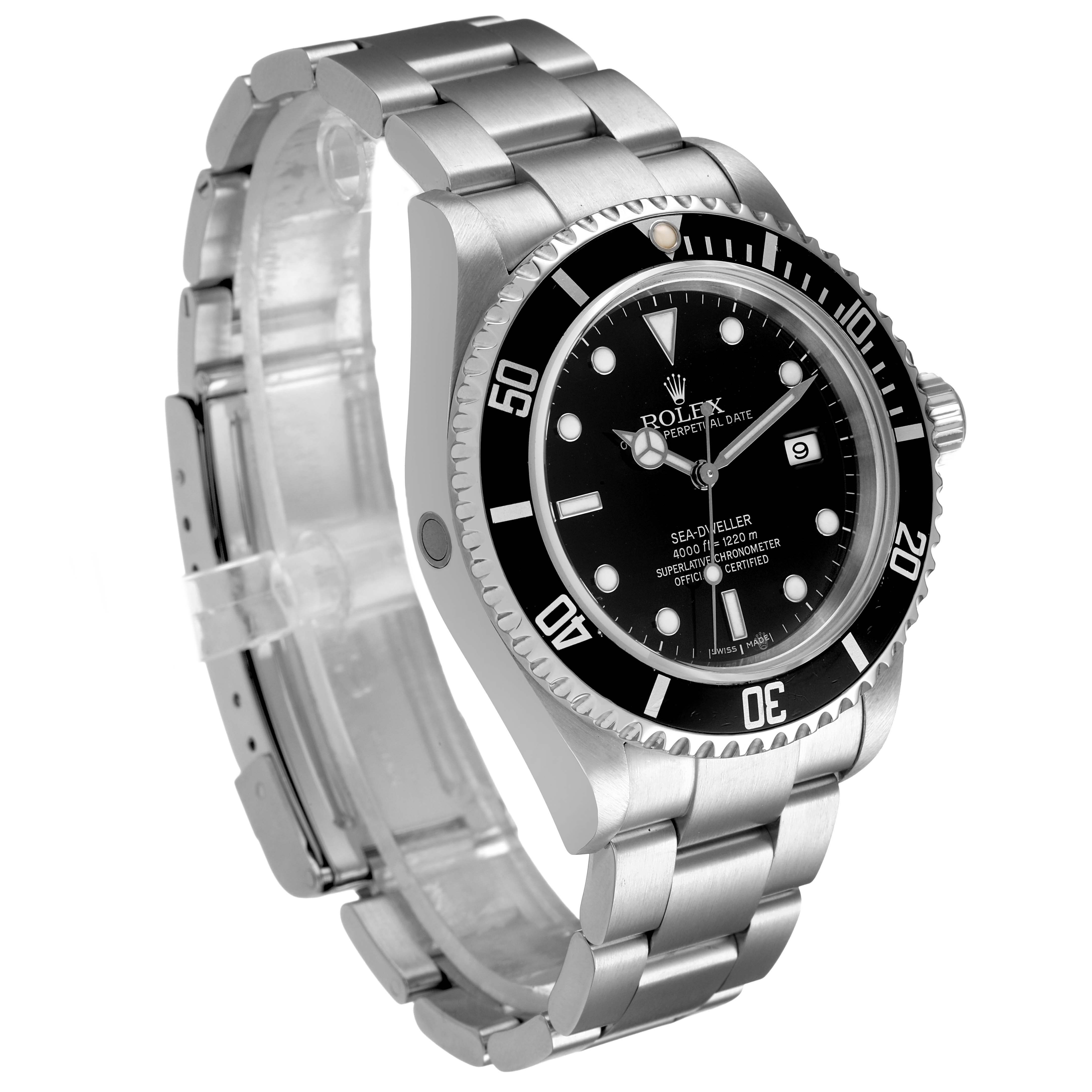 The Rolex Sea-Dweller M16600T Men's Stainless Steel Black Dial watch is shown from a three-quarter angle, highlighting the face, bezel, and metal bracelet.
