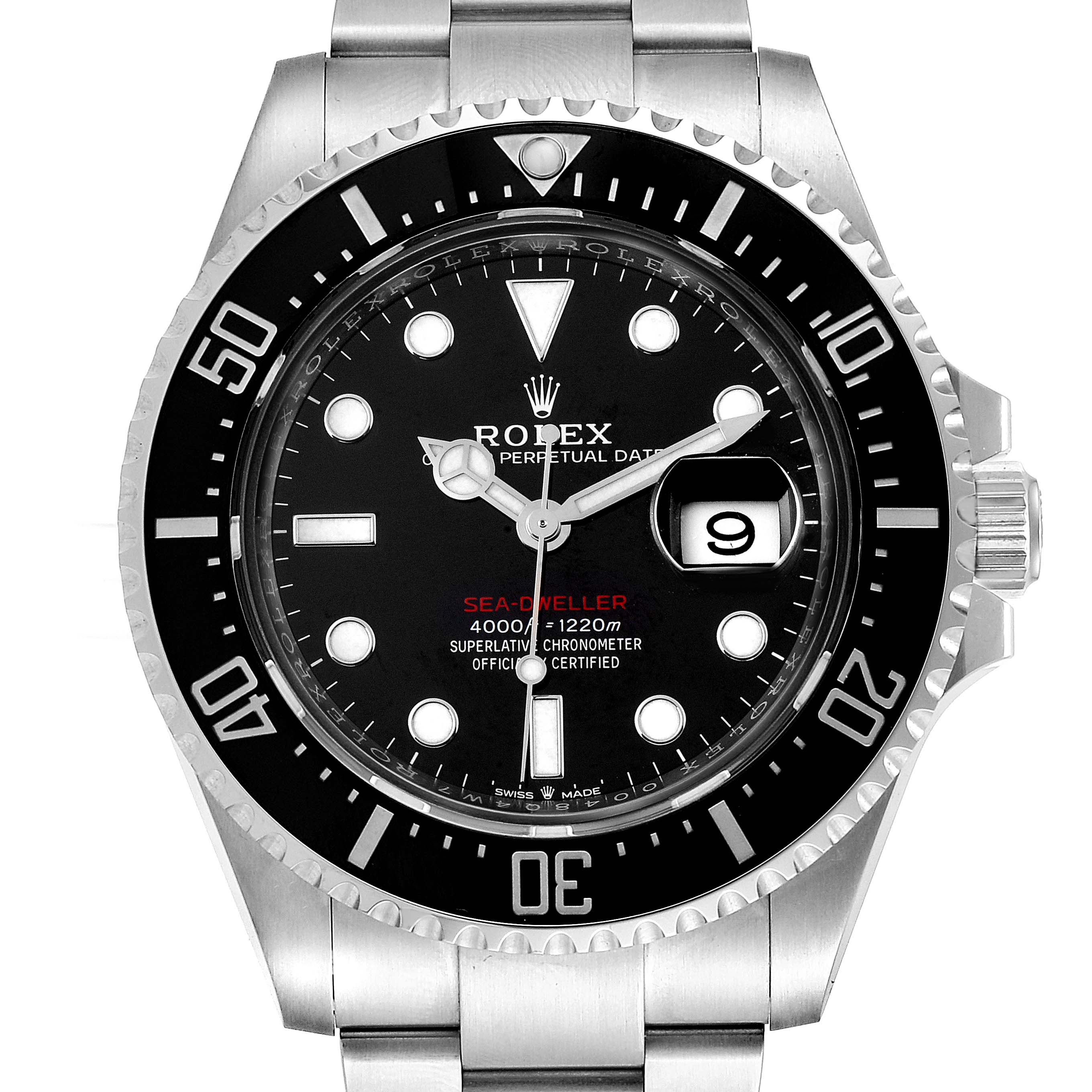 The image shows a front view of a Rolex Sea-Dweller 126600 Men
s Stainless Steel Black Dial 126600 Men
s Stainless Steel Black Dial watch, highlighting the dial, bezel, and part of the bracelet.