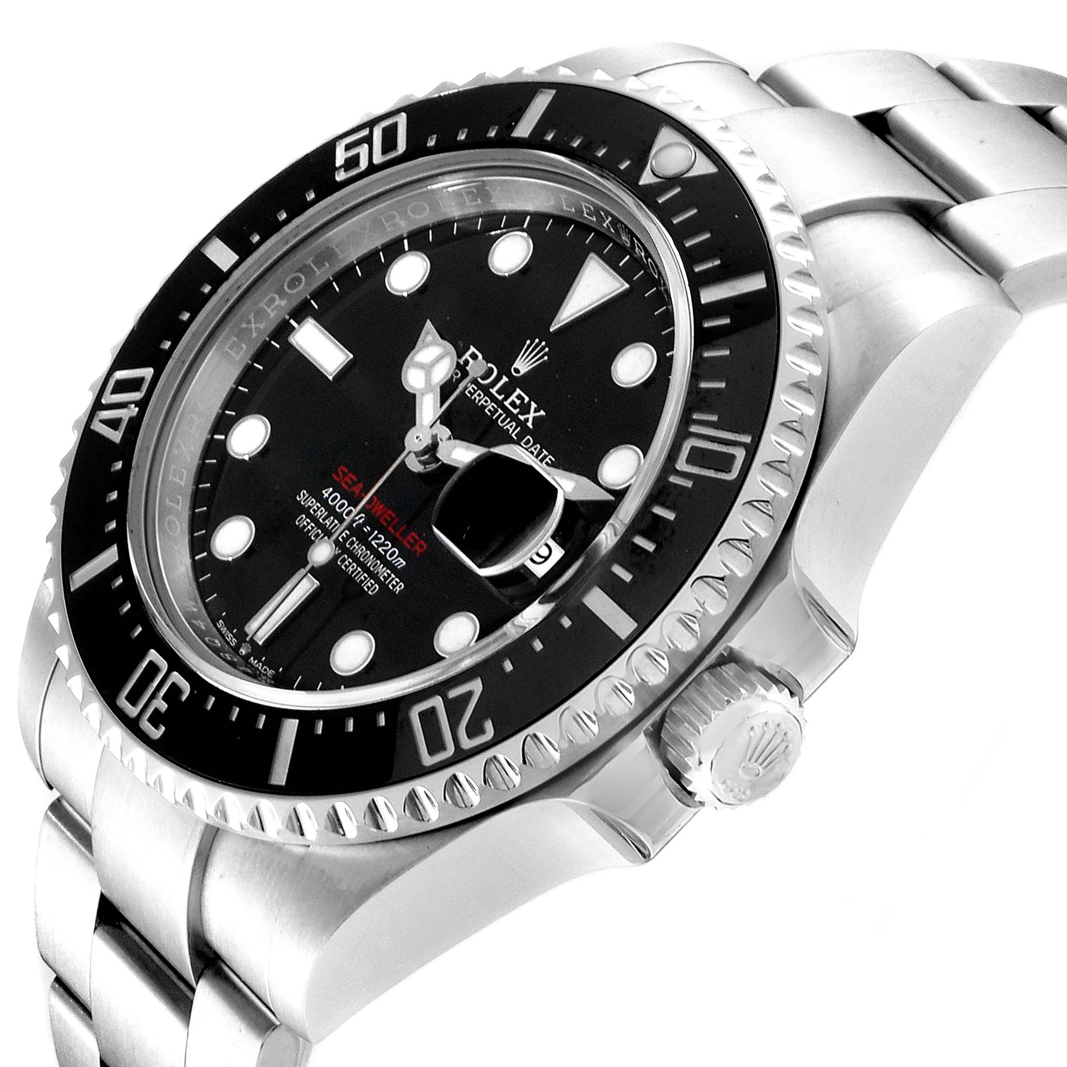 The image shows a close-up, angled view of the Rolex Sea-Dweller 126600 Men
s Stainless Steel Black Dial 126600 Men
s Stainless Steel Black Dial watch, focusing on the dial, bezel, and crown.