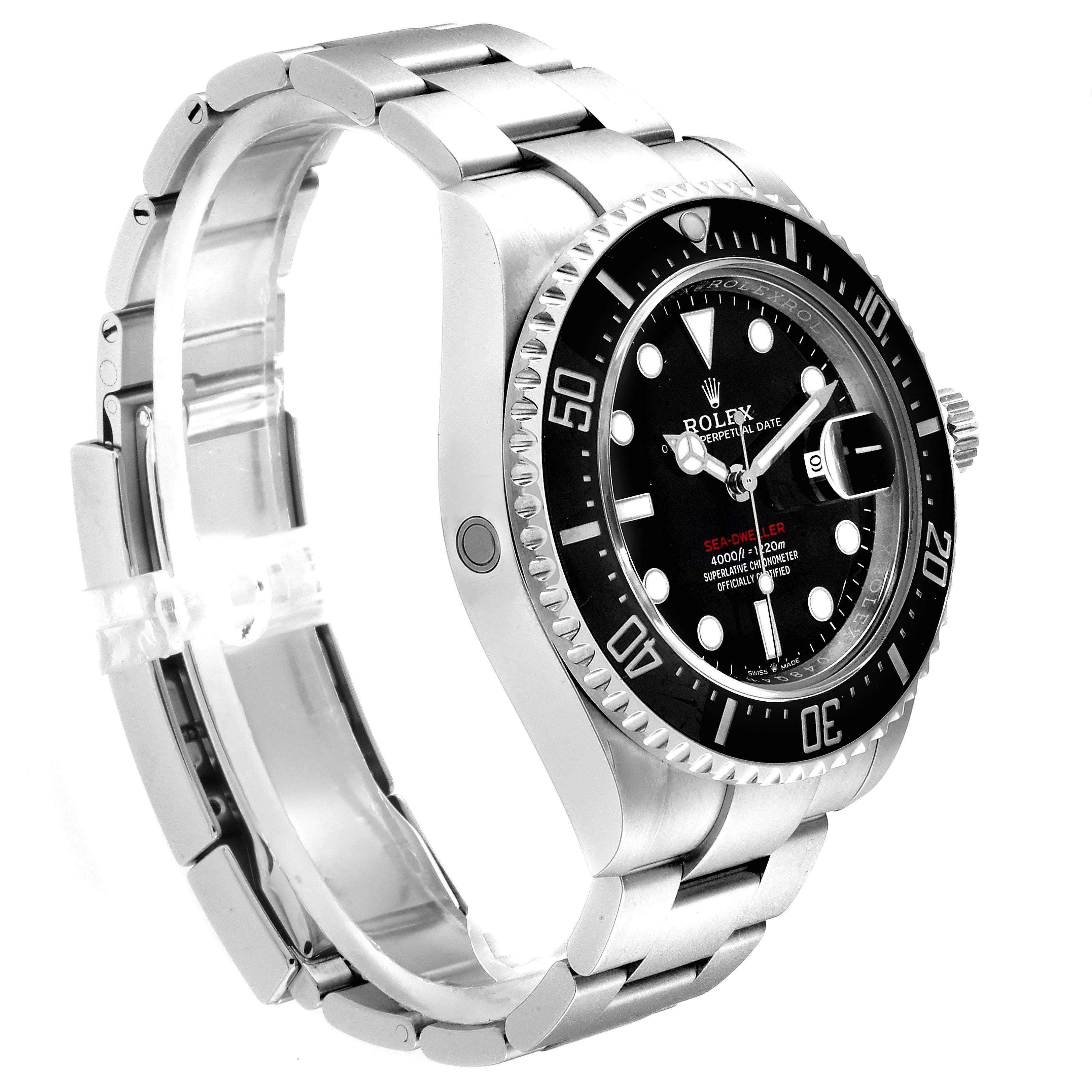 The image shows a Rolex Sea-Dweller 126600 Men
s Stainless Steel Black Dial 126600 Men
s Stainless Steel Black Dial watch angled diagonally, displaying the bracelet, bezel, and dial.