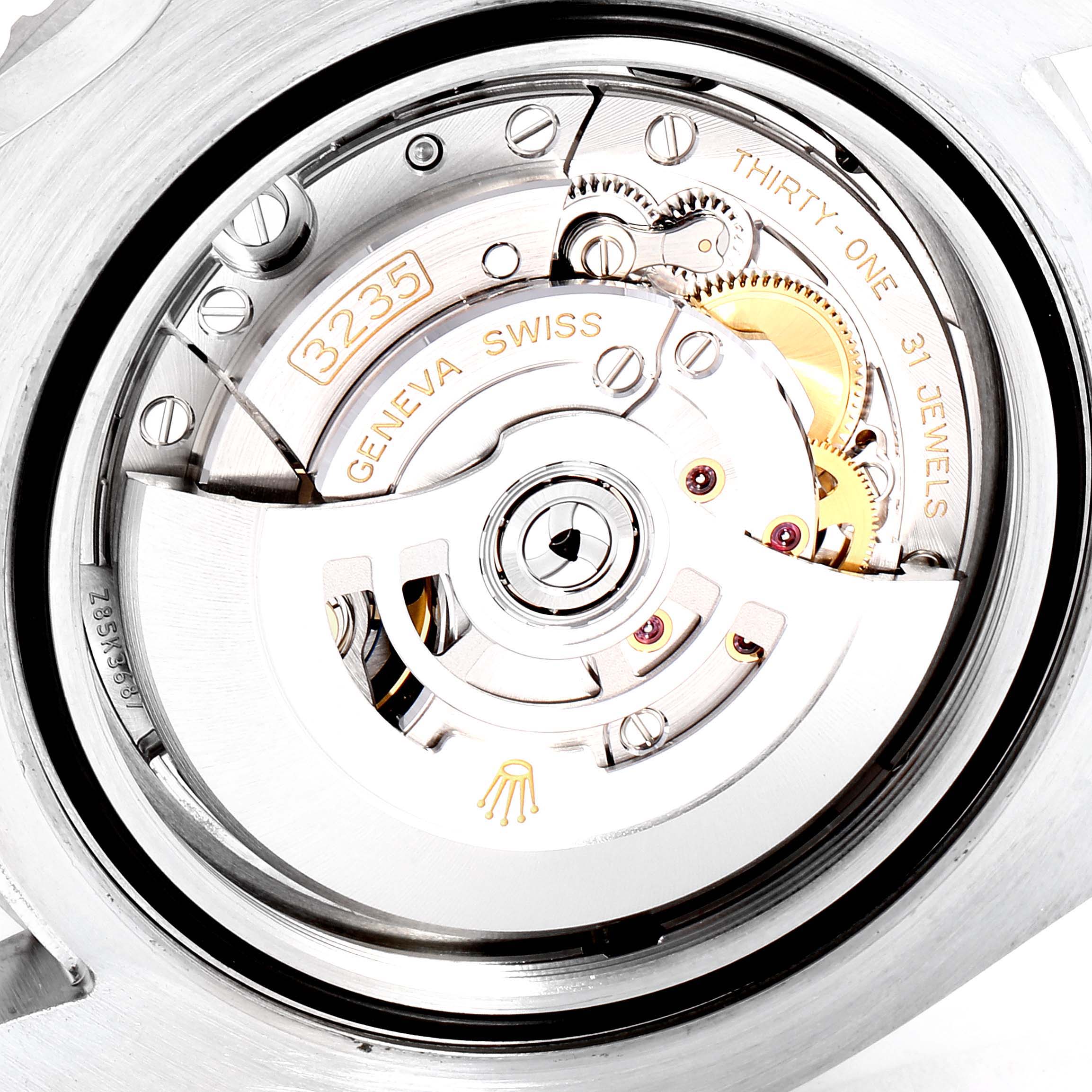 This image shows the movement mechanism of the Rolex Sea-Dweller 126600 Men
s Stainless Steel Black Dial 126600 Men
s Stainless Steel Black Dial, highlighting its 3235 caliber and intricate internal parts.