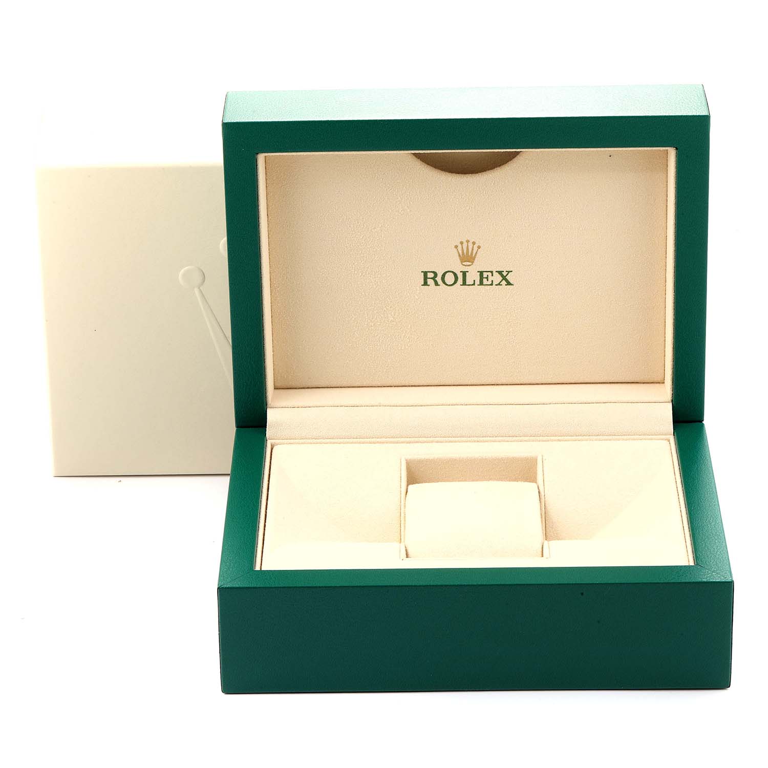 This image shows an open Rolex watch box for the Sea-Dweller model, with a green exterior and beige interior, displaying the Rolex logo inside.