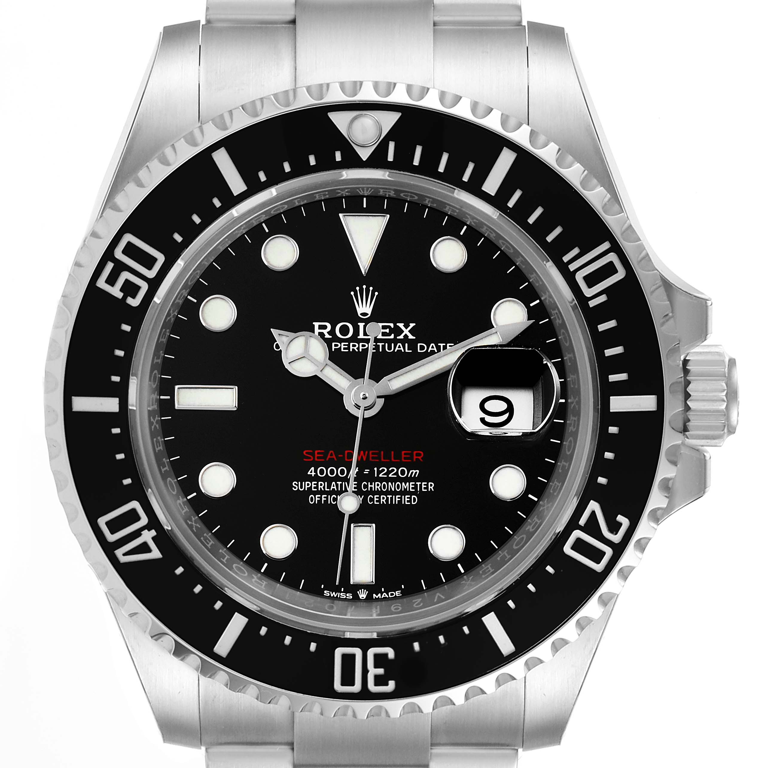 The image shows a front view of the Rolex Sea-Dweller 126600 Men
s Stainless Steel Black Dial 126600 Men
s Stainless Steel Black Dial watch, highlighting its bezel, dial, and bracelet.