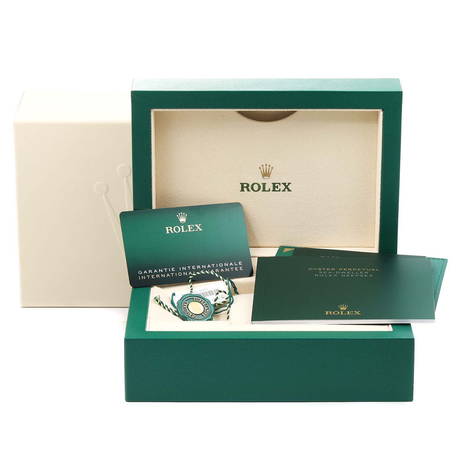The image shows the Rolex Sea-Dweller 126600 Men
s Stainless Steel Black Dial 126600 Men
s Stainless Steel Black Dial watch packaging, including the box, warranty card, manuals, and accessories from a front angle.