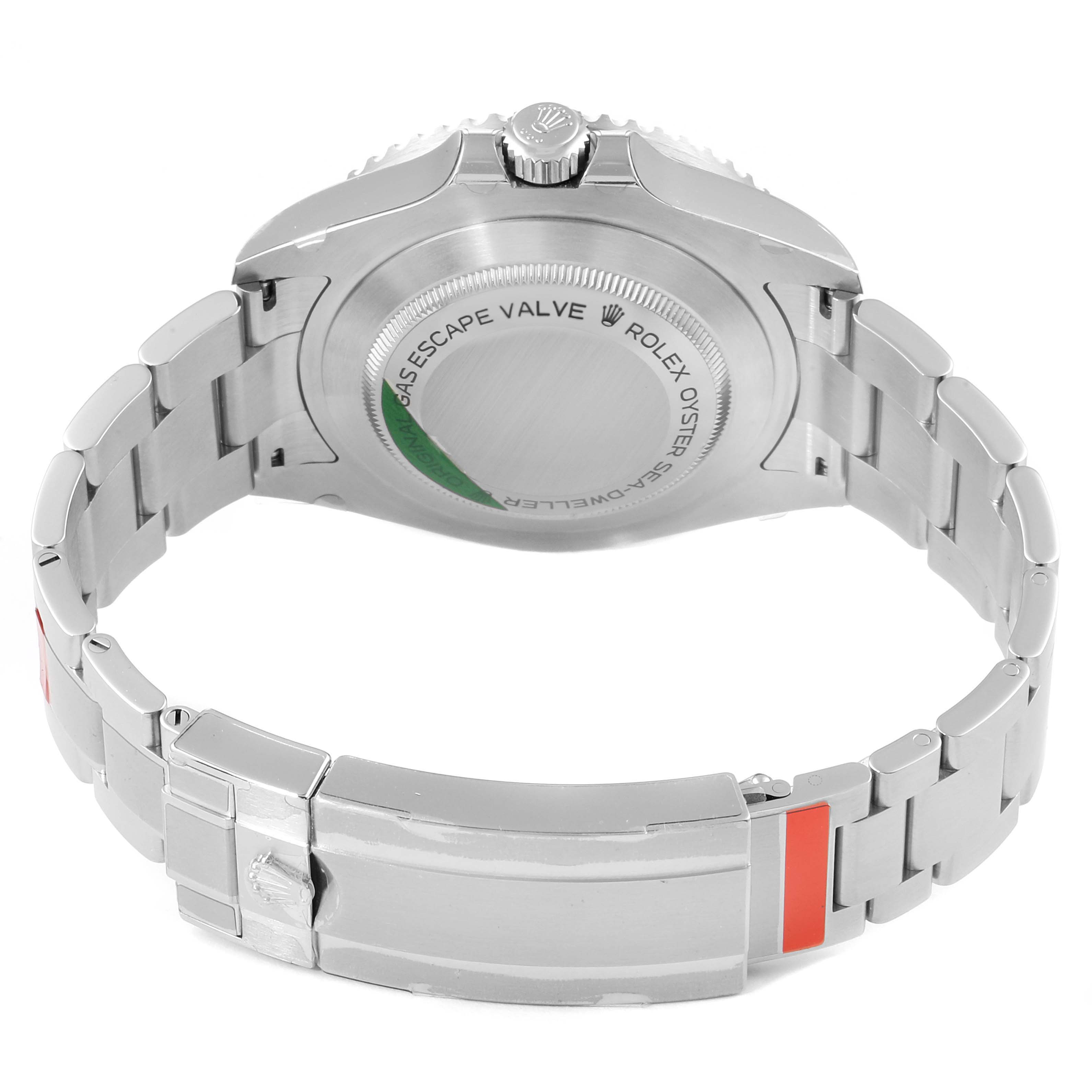 This image shows the back and bracelet clasp of a Rolex Sea-Dweller 126600 Men
s Stainless Steel Black Dial 126600 Men
s Stainless Steel Black Dial watch from an angled underside view.