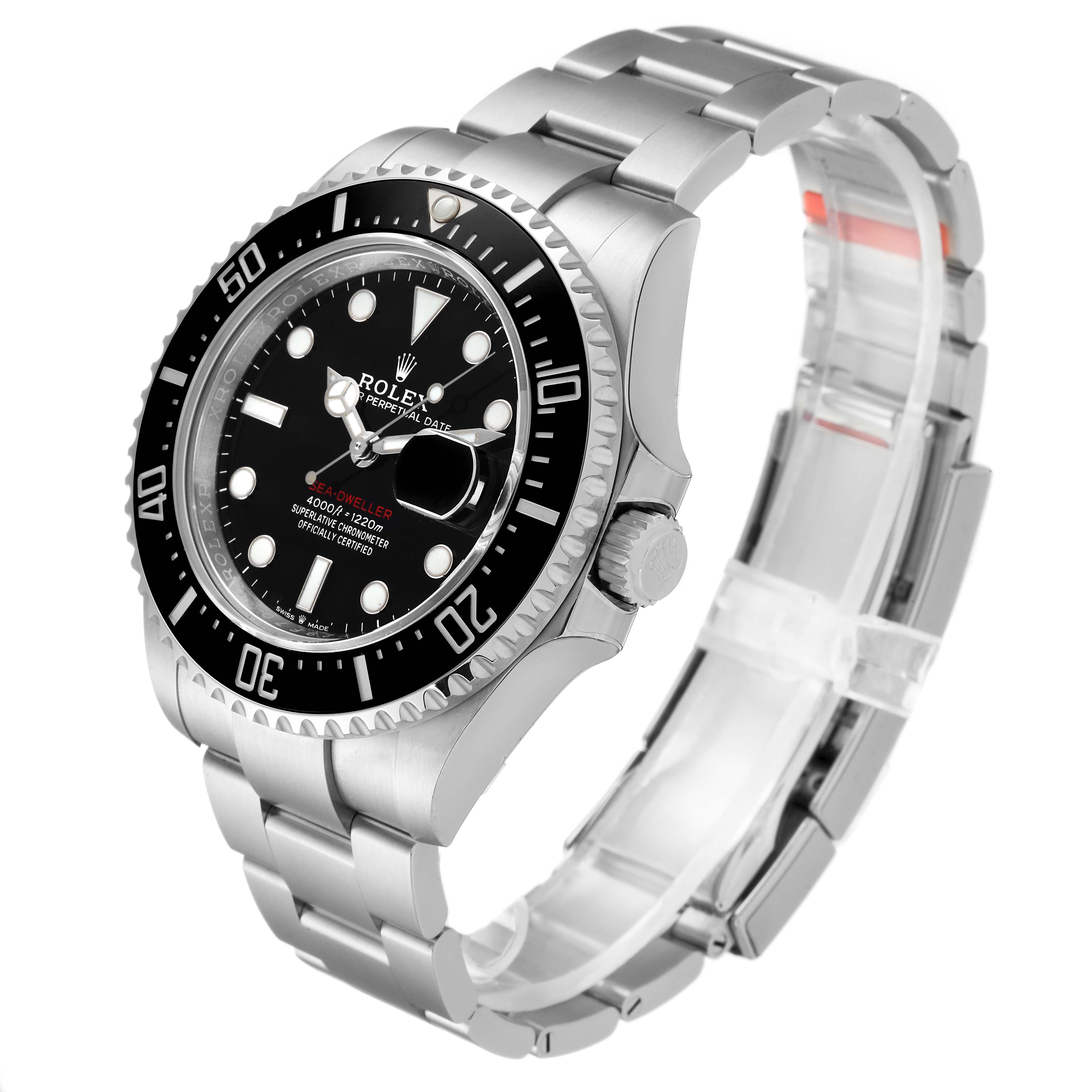The image shows a Rolex Sea-Dweller 126600 Men
s Stainless Steel Black Dial 126600 Men
s Stainless Steel Black Dial watch angled slightly to display the face, bezel, crown, and bracelet.