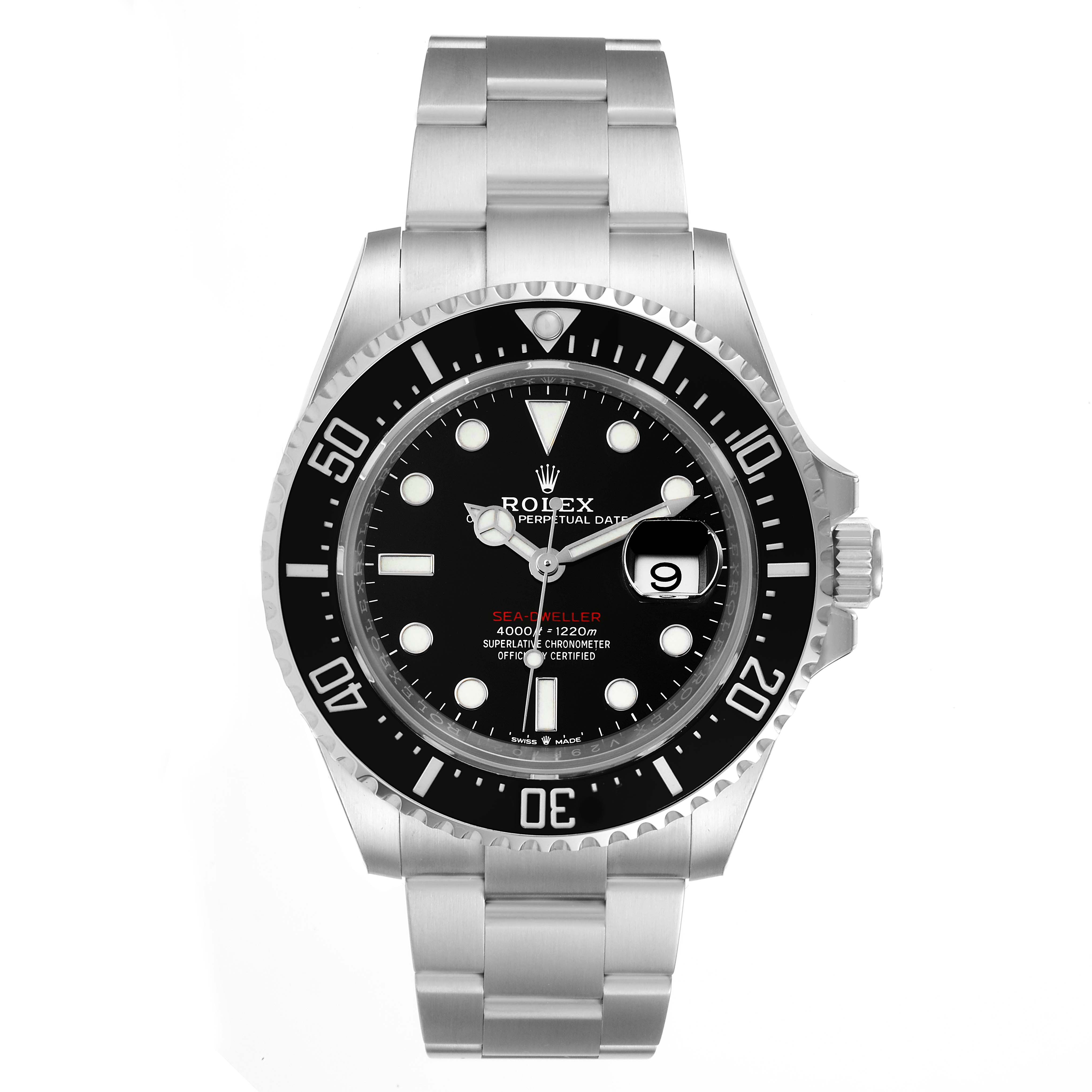 The image shows a front view of the Rolex Sea-Dweller 126600 Men
s Stainless Steel Black Dial 126600 Men
s Stainless Steel Black Dial watch, highlighting its dial, bezel, and stainless steel bracelet.