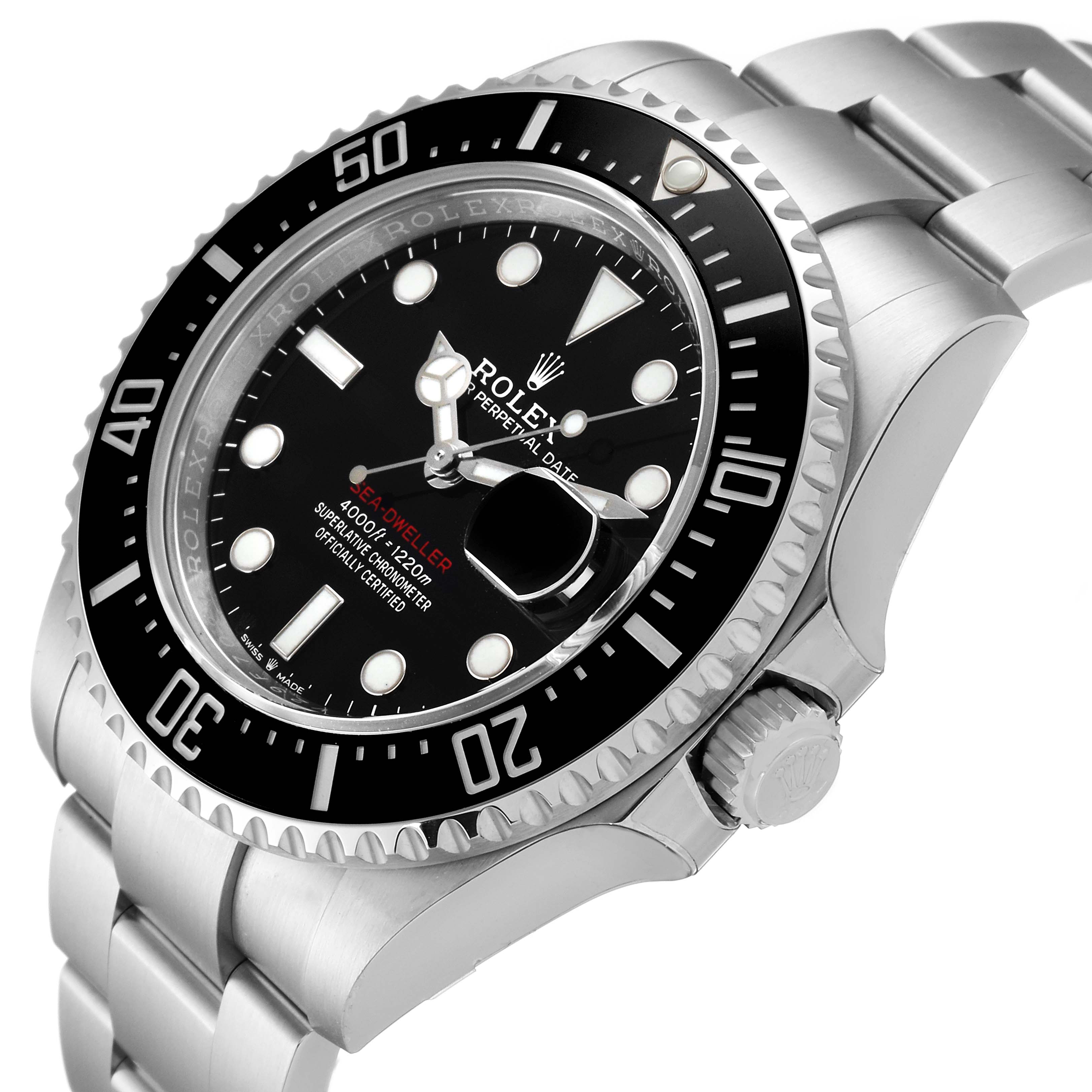 The image shows a Rolex Sea-Dweller 126600 Men
s Stainless Steel Black Dial 126600 Men
s Stainless Steel Black Dial watch at an angled view, highlighting its dial, bezel, and bracelet.