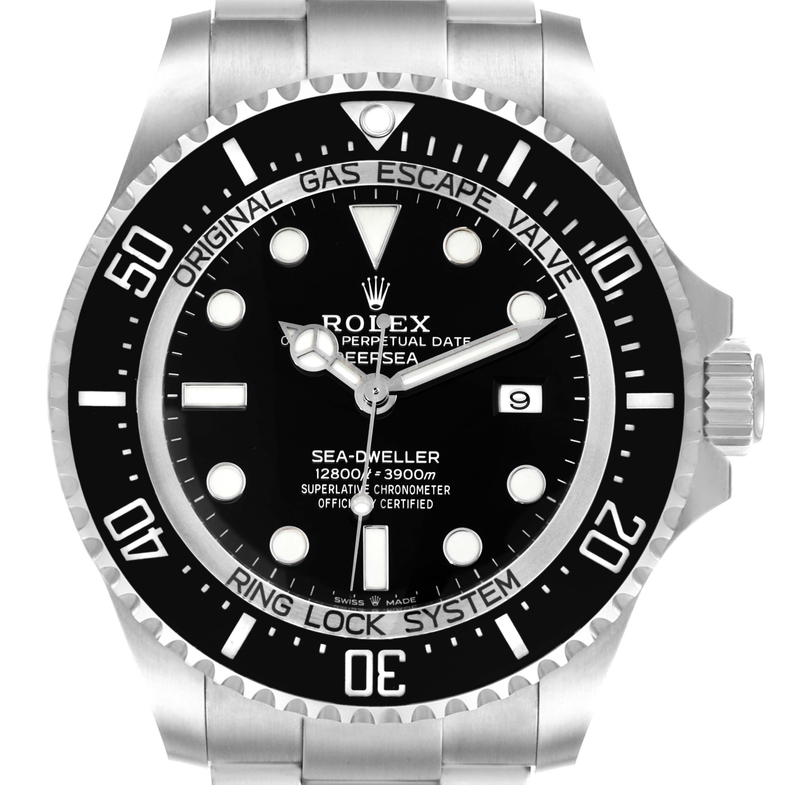 This image shows a front view of the Rolex Sea-Dweller 126660 Men
s Stainless Steel Black Dial 126660 Men
s Stainless Steel Black Dial watch, highlighting its dial, bezel, and part of the bracelet.