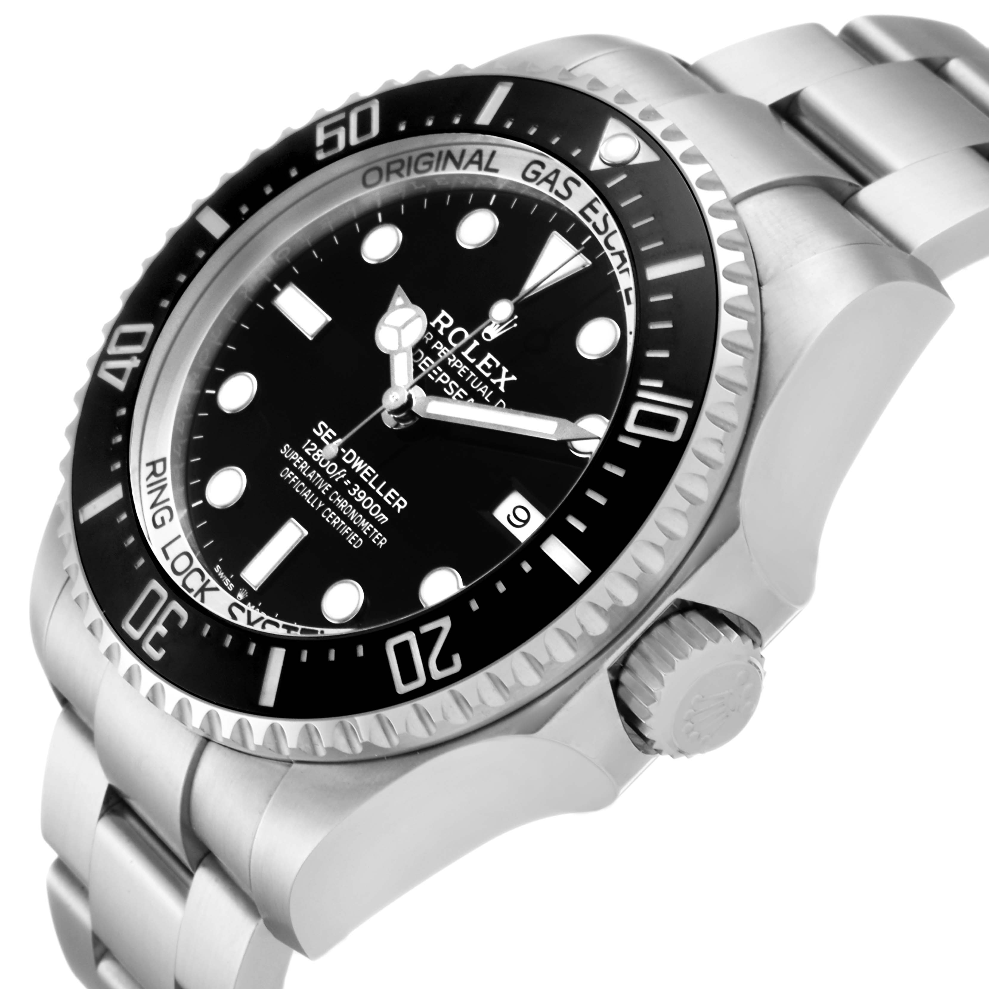 The Rolex Sea-Dweller 126660 Men
s Stainless Steel Black Dial 126660 Men
s Stainless Steel Black Dial watch is shown at an angled side view, highlighting its black dial, bezel, and bracelet.