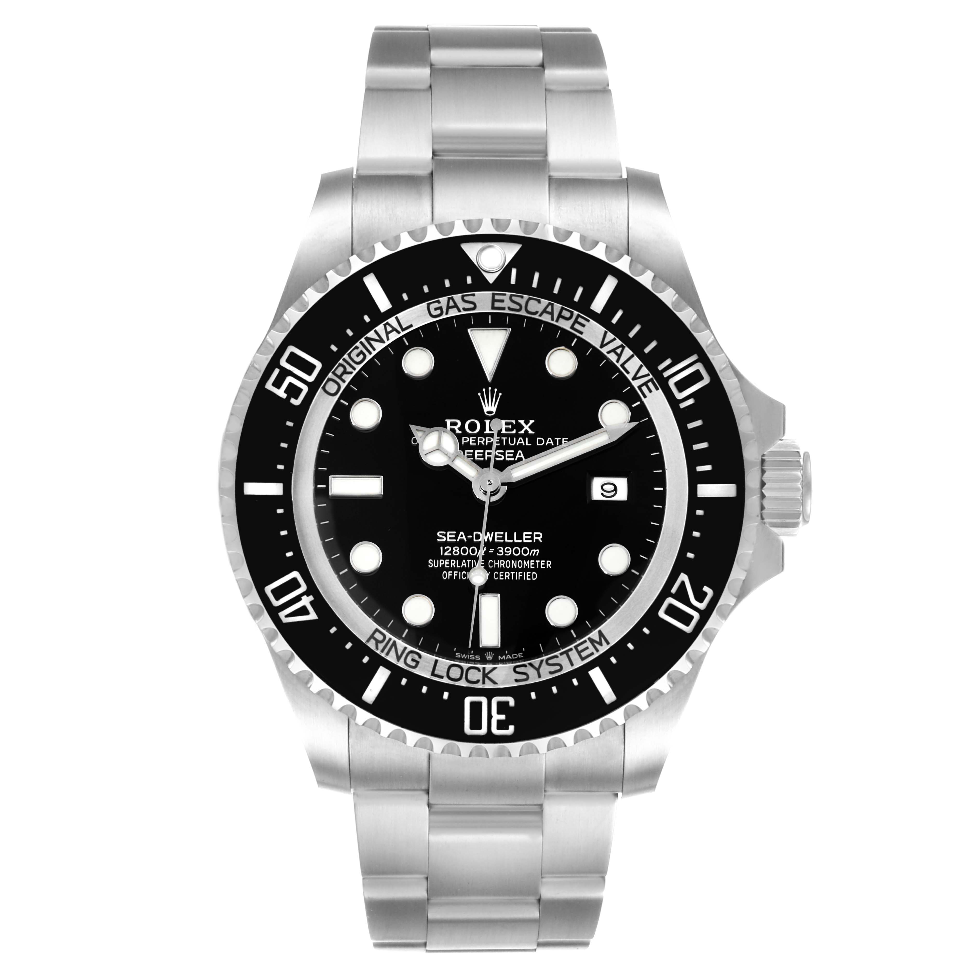 The image shows a full frontal view of the Rolex Sea-Dweller 126660 Men
s Stainless Steel Black Dial 126660 Men
s Stainless Steel Black Dial watch, highlighting its dial, bezel, and bracelet.