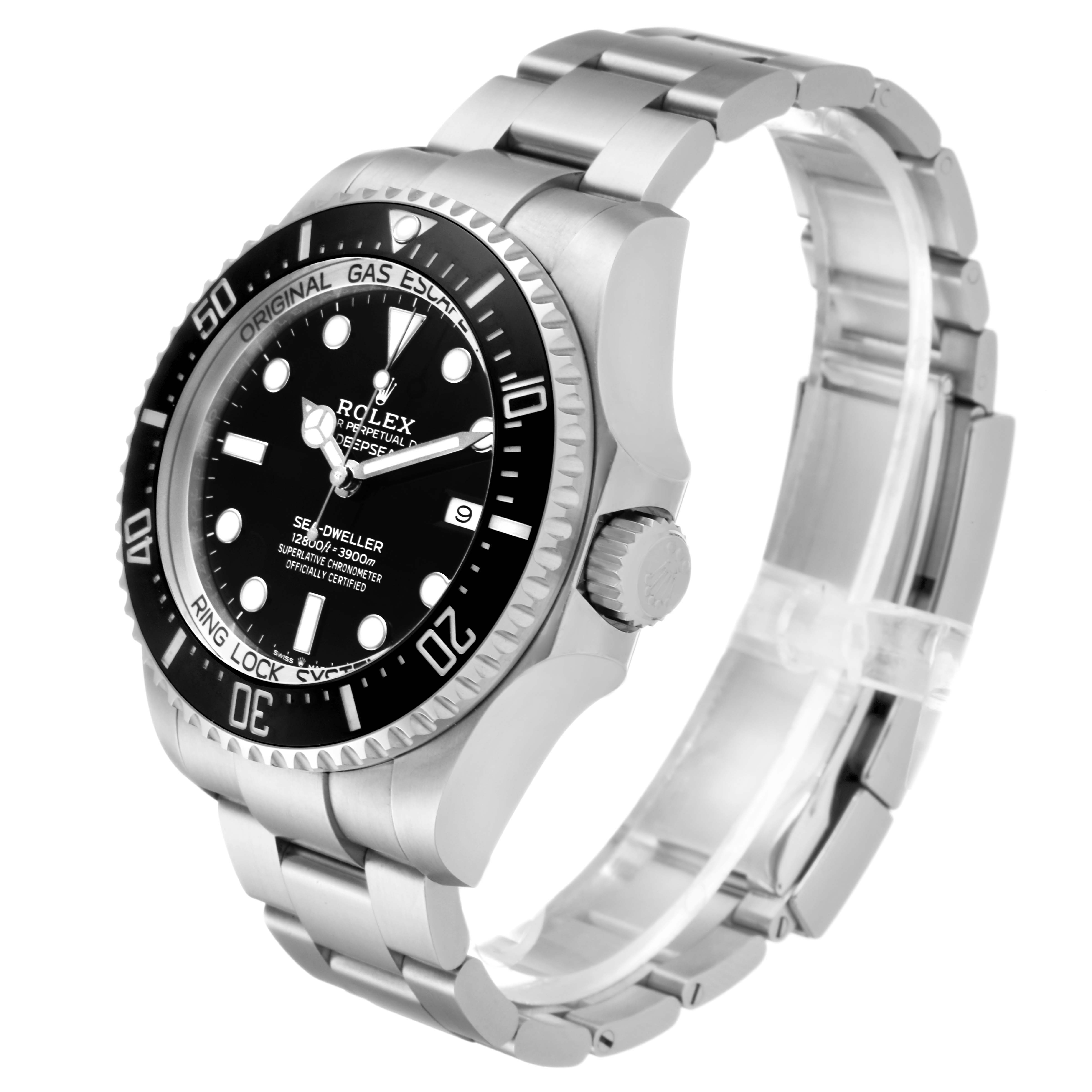 The image shows a Rolex Sea-Dweller 126660 Men
s Stainless Steel Black Dial 126660 Men
s Stainless Steel Black Dial watch at an angle highlighting the bracelet, bezel, and crown.