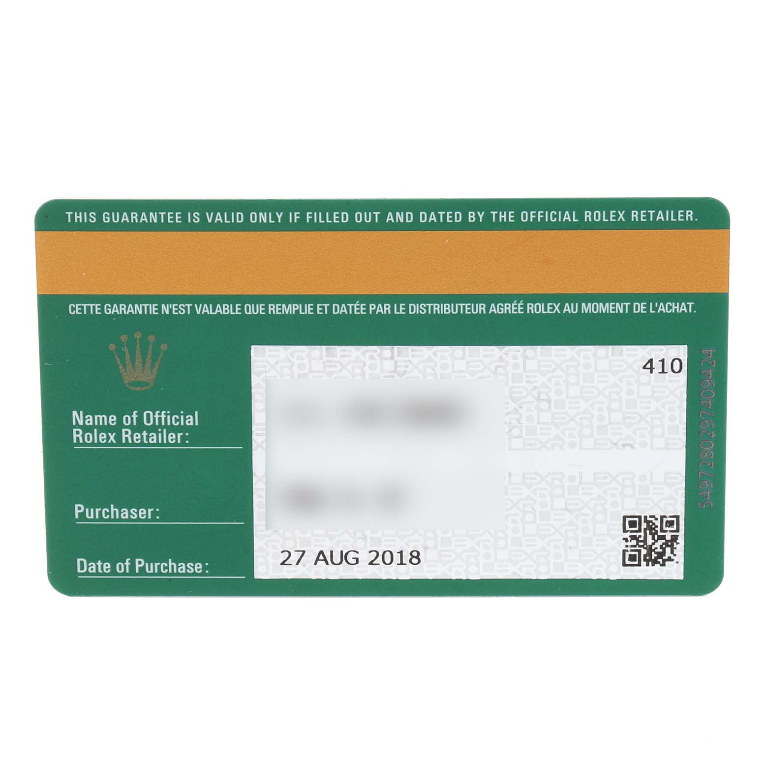 The image shows the guarantee card for a Rolex Sea-Dweller 126660 Men
s Stainless Steel Black Dial 126660 Men
s Stainless Steel Black Dial watch, including purchase details and the retailer
s information.