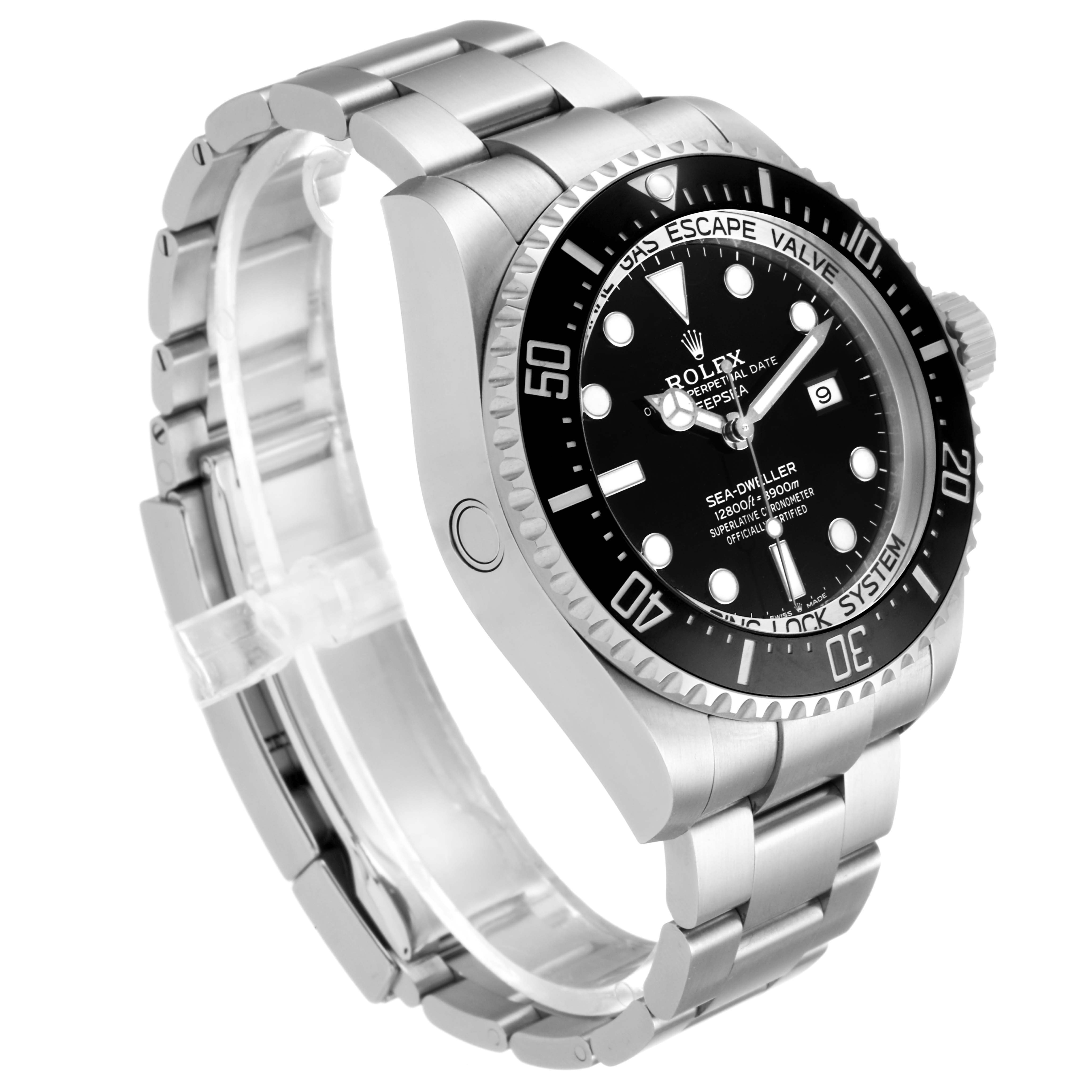 The image shows a side angle of the Rolex Sea-Dweller 126660 Men
s Stainless Steel Black Dial 126660 Men
s Stainless Steel Black Dial watch, highlighting its case, bezel, and bracelet.