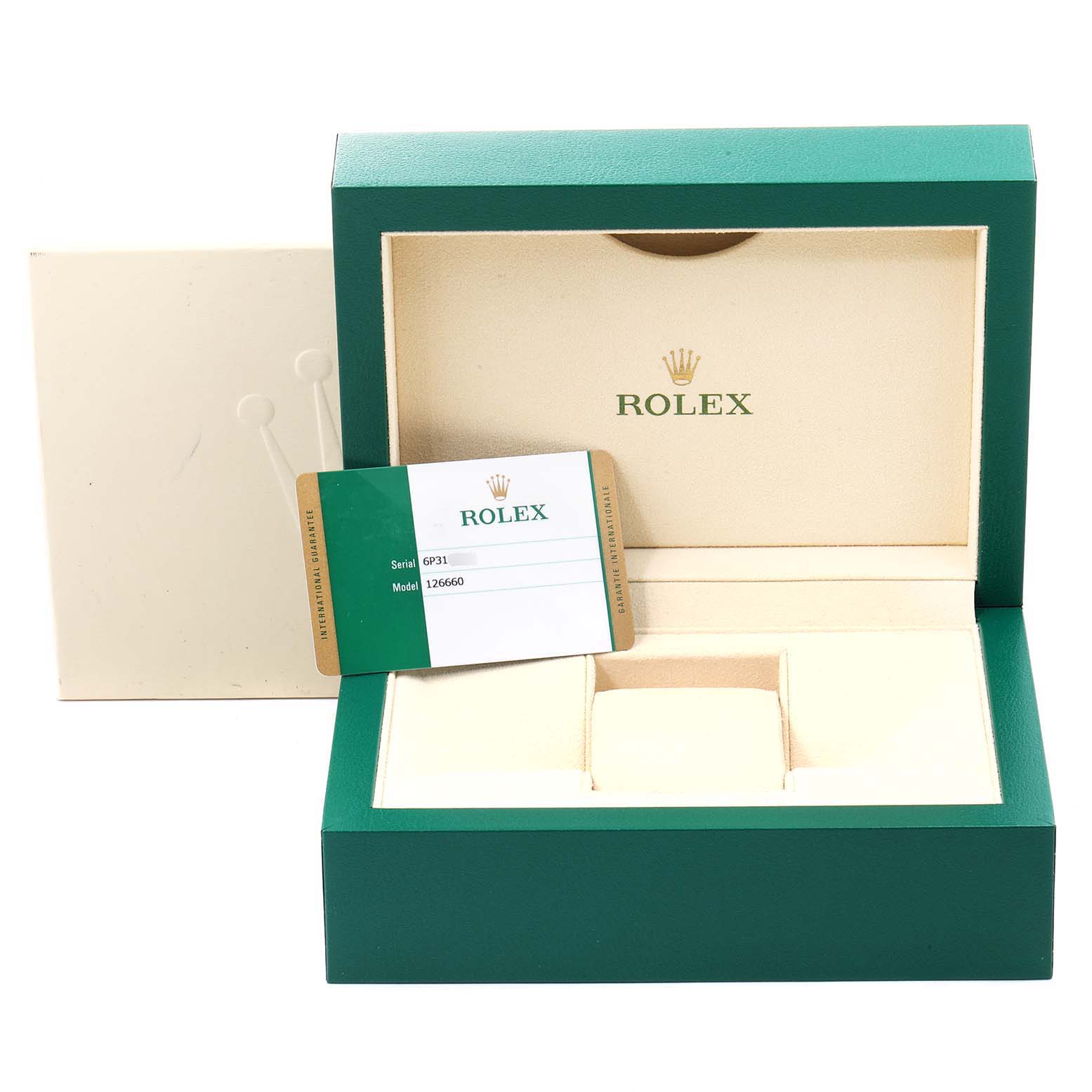 The image shows the open box for a Rolex Sea-Dweller 126660 Men
s Stainless Steel Black Dial 126660 Men
s Stainless Steel Black Dial model and its certification card.