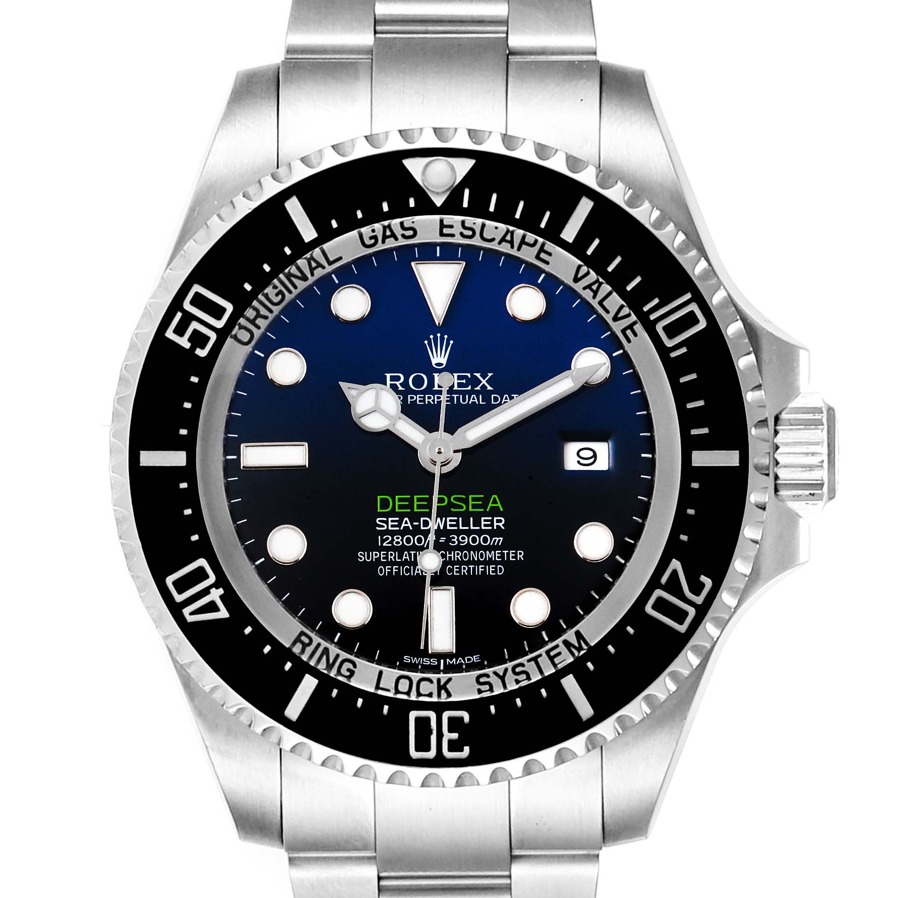 This image shows a front view of the Rolex Sea-Dweller 116660 Men
s Stainless Steel Blue Dial 116660 Men
s Stainless Steel Blue Dial model watch, highlighting the dial, bezel, crown, and part of the bracelet.
