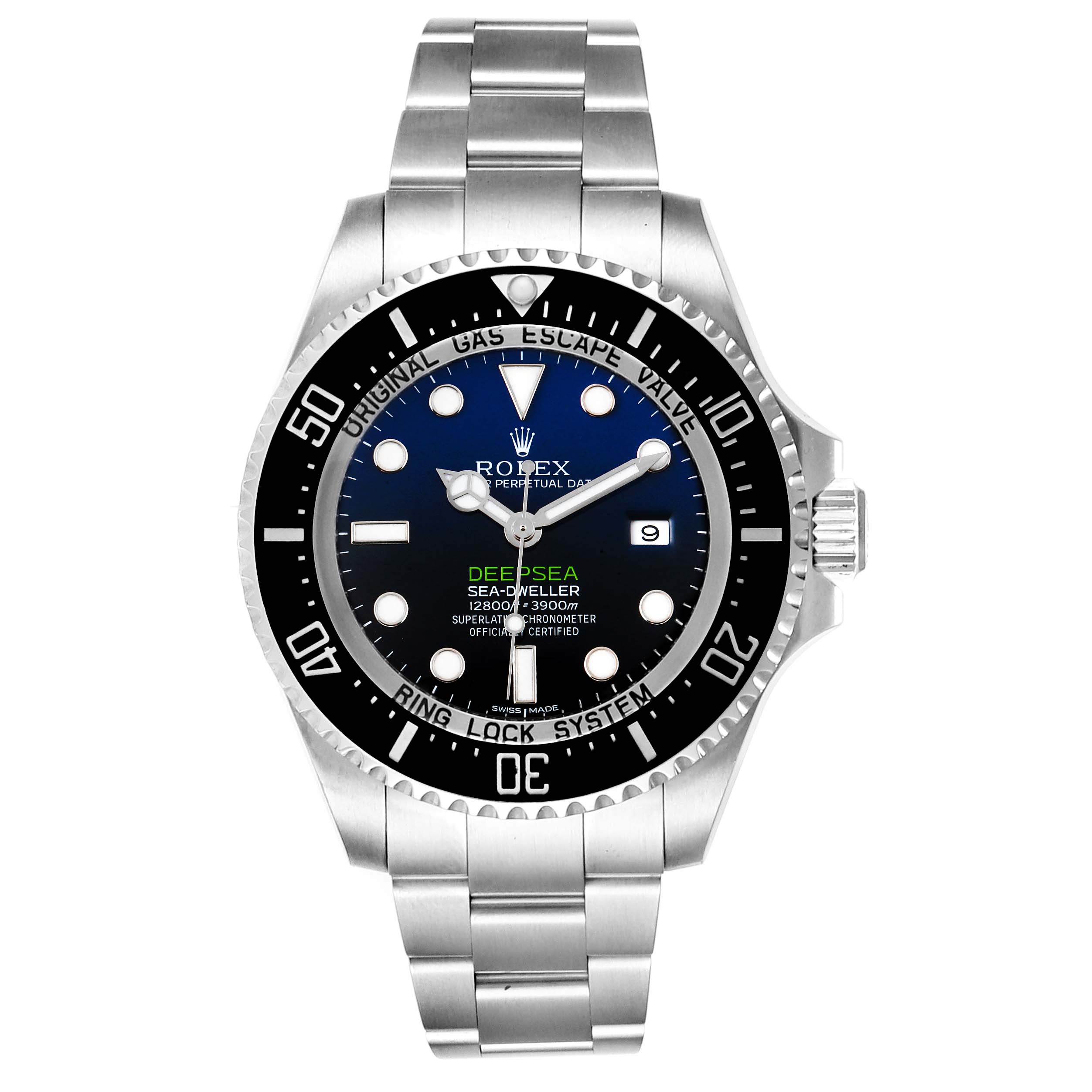 The image shows a front view of the Rolex Sea-Dweller 116660 Men
s Stainless Steel Blue Dial 116660 Men
s Stainless Steel Blue Dial watch, featuring its face, bezel, and stainless steel bracelet.