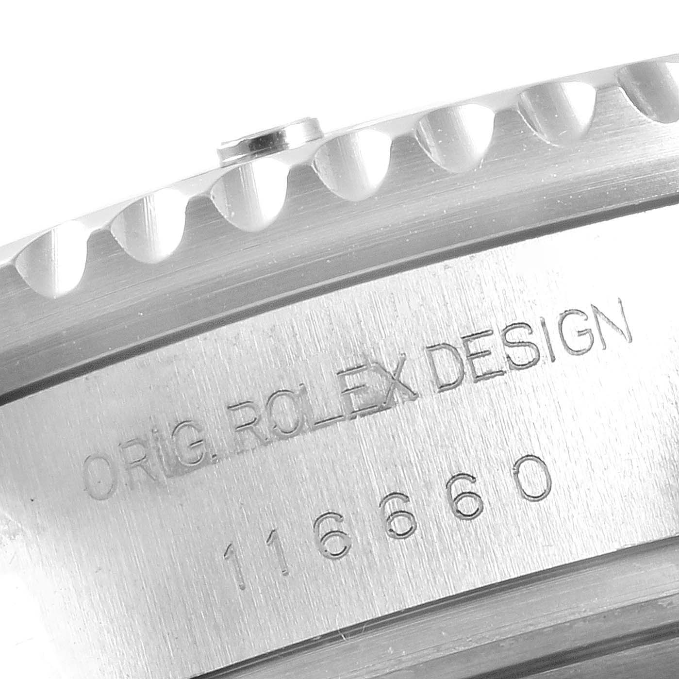 The image shows a close-up of the engraved side details on the bezel and case of the Rolex Sea-Dweller 116660 Men
s Stainless Steel Blue Dial 116660 Men
s Stainless Steel Blue Dial watch model.