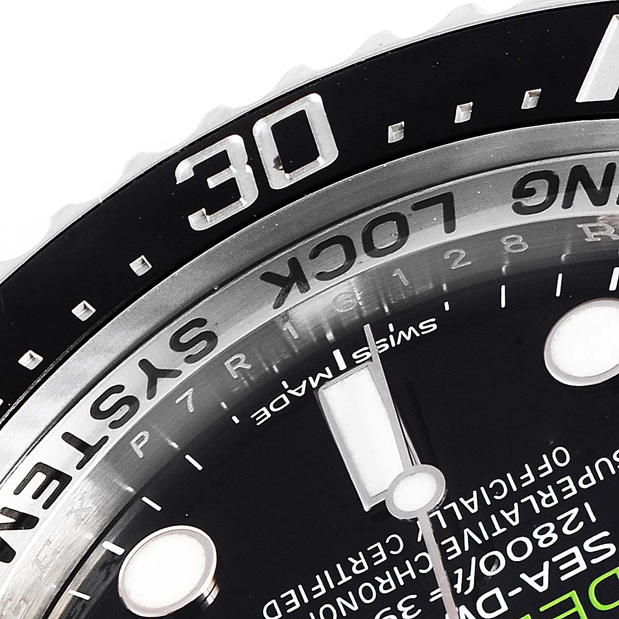 The image shows a close-up of the bezel and dial of a Rolex Sea-Dweller 116660 Men
s Stainless Steel Blue Dial 116660 Men
s Stainless Steel Blue Dial watch, highlighting the "30" marker and the inner text.