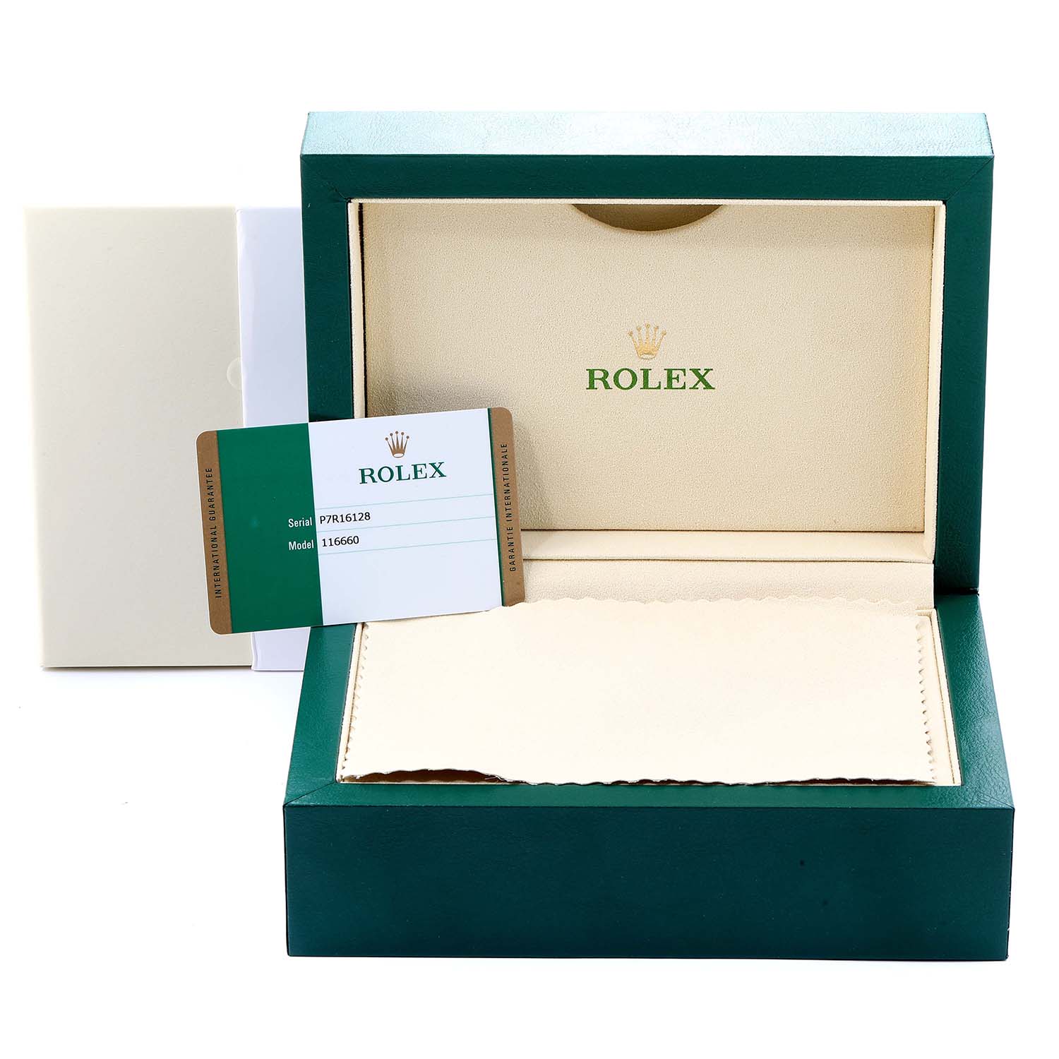 The image shows an open Rolex Sea-Dweller 116660 Men
s Stainless Steel Blue Dial 116660 Men
s Stainless Steel Blue Dial watch box with a warranty card displaying the model and serial number.