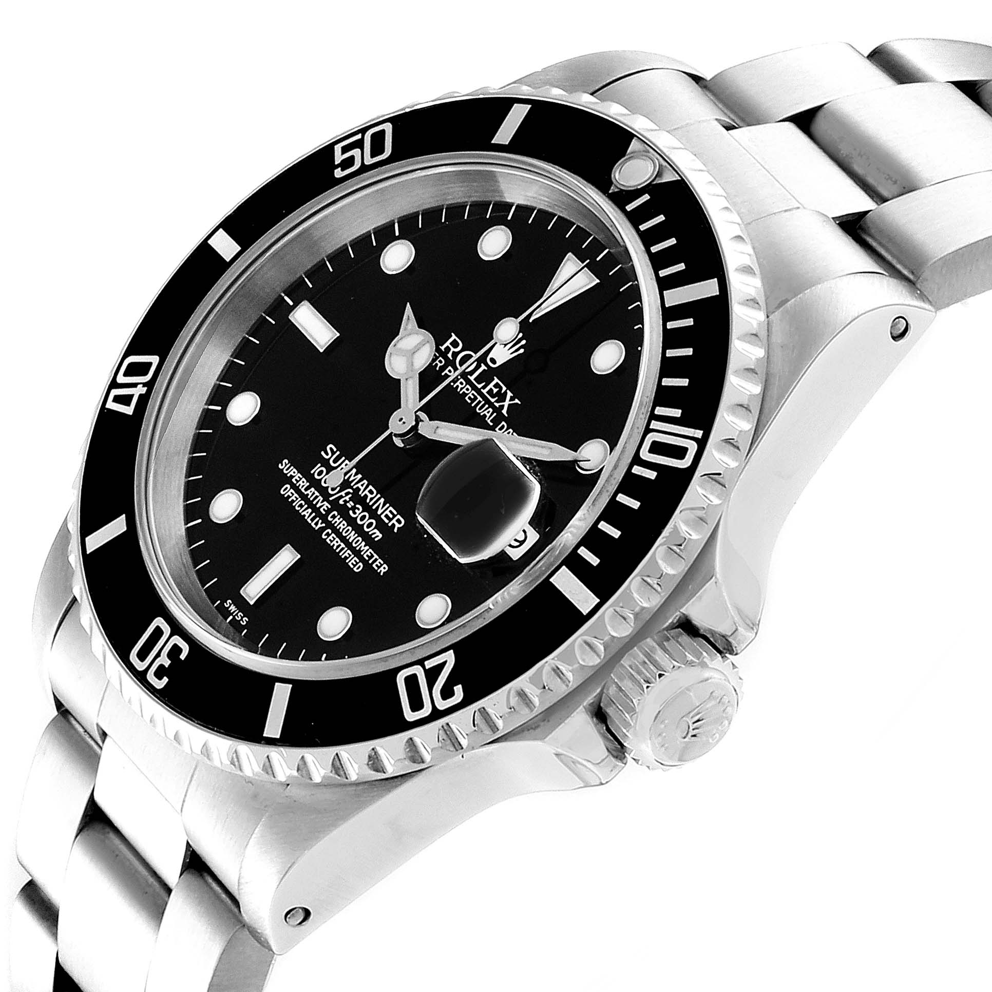 The image shows a side-angle view of the Rolex Submariner 16610 Men
s Stainless Steel Black Dial 16610 Men
s Stainless Steel Black Dial, highlighting the dial, bezel, and part of the bracelet.