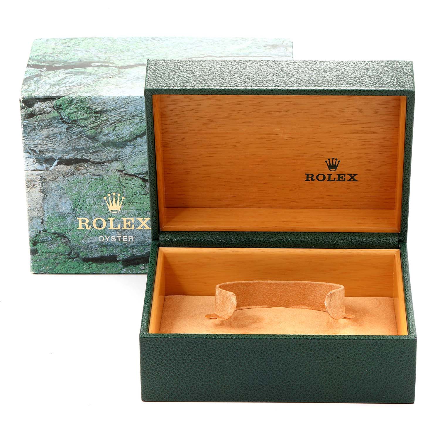 This image shows an open watch box for the Rolex Submariner 16610 Men
s Stainless Steel Black Dial 16610 Men
s Stainless Steel Black Dial, featuring the inner wooden and outer green textured surfaces.