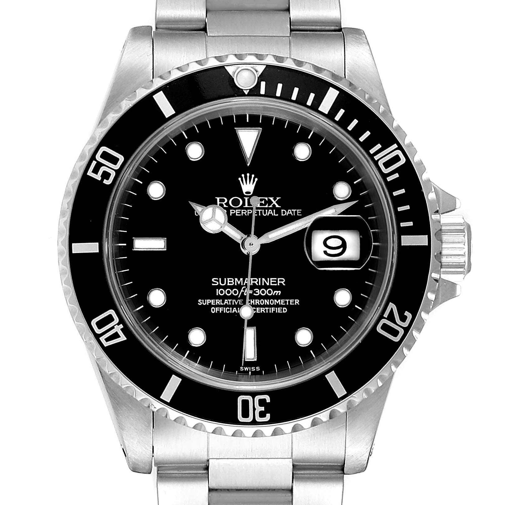 The image shows a front view of a Rolex Submariner 16610 Men
s Stainless Steel Black Dial 16610 Men
s Stainless Steel Black Dial watch, highlighting the dial, bezel, crown, and part of the bracelet.
