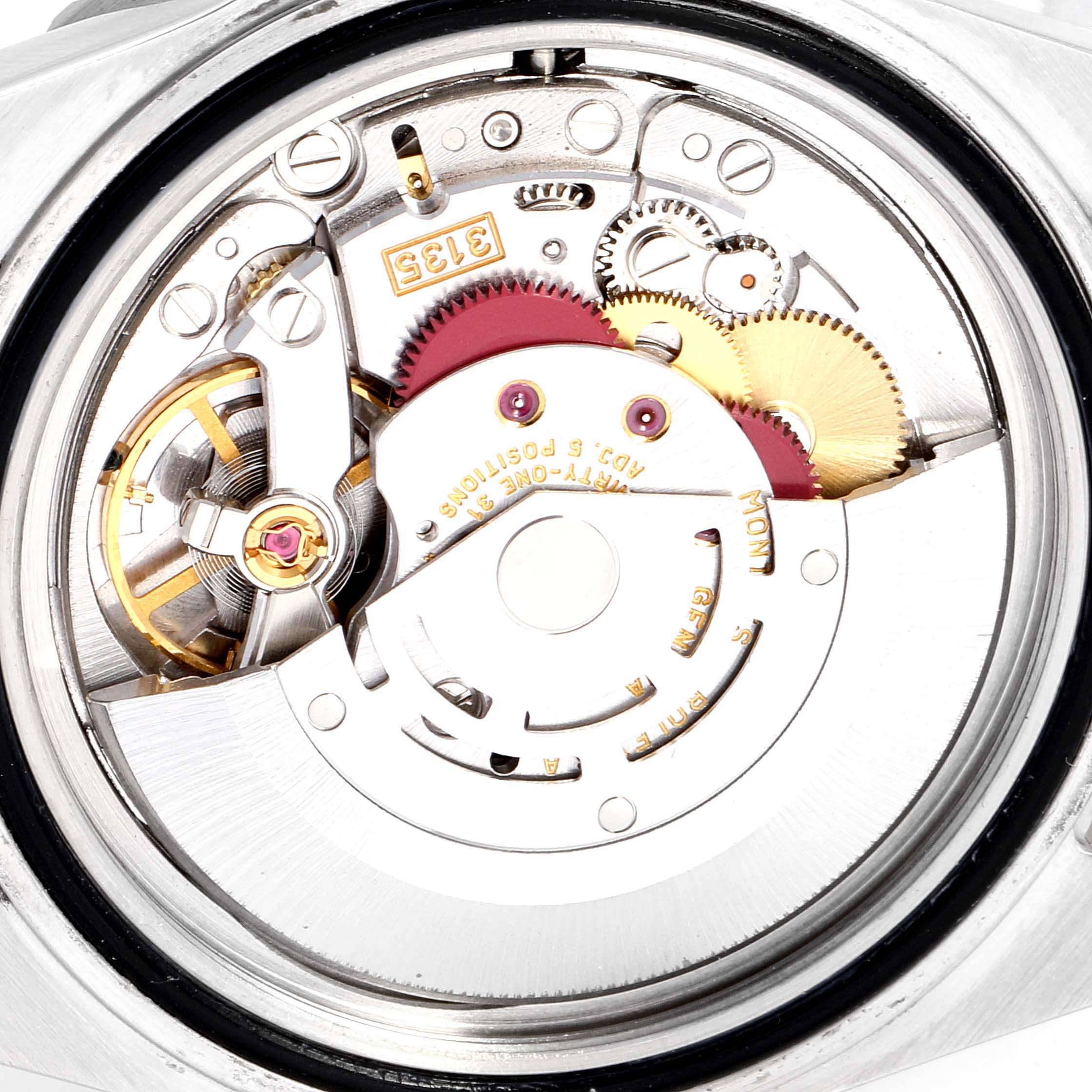 This image shows the intricate inner workings of the Rolex Submariner 16610 Men
s Stainless Steel Black Dial 16610 Men
s Stainless Steel Black Dial watch, highlighting its mechanical movement and gears.