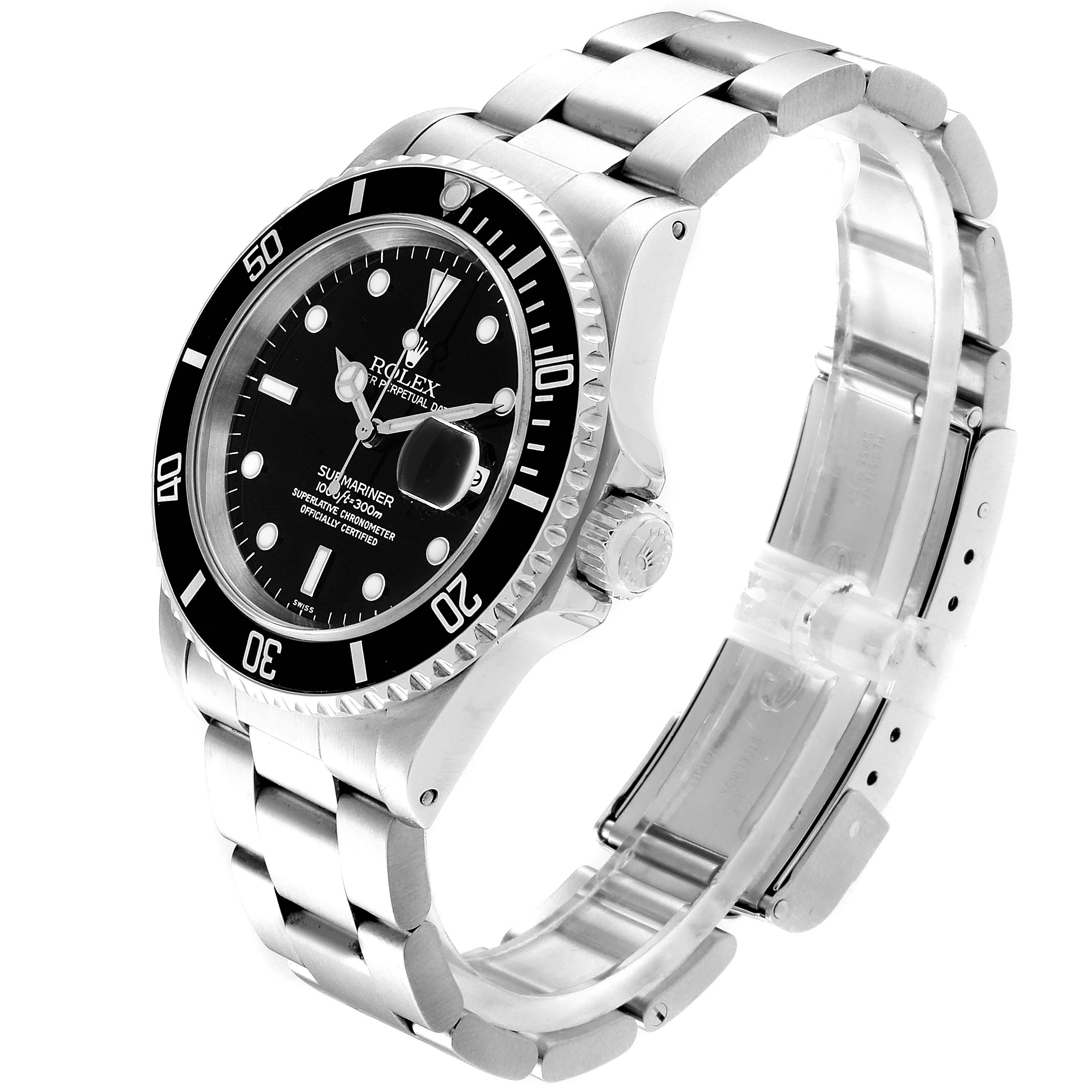 The Rolex Submariner 16610 Men
s Stainless Steel Black Dial 16610 Men
s Stainless Steel Black Dial watch is shown at an angled side view, highlighting the bezel, dial, bracelet, and crown.
