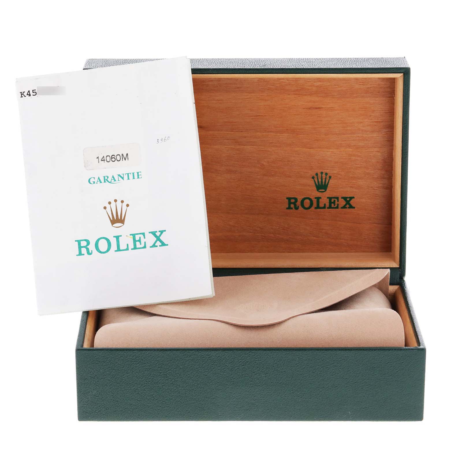 The image shows a Rolex Submariner 14060 Men's Stainless Steel Black Dial 14060 Men's Stainless Steel Black Dial watch box and warranty booklet, viewed from the front.