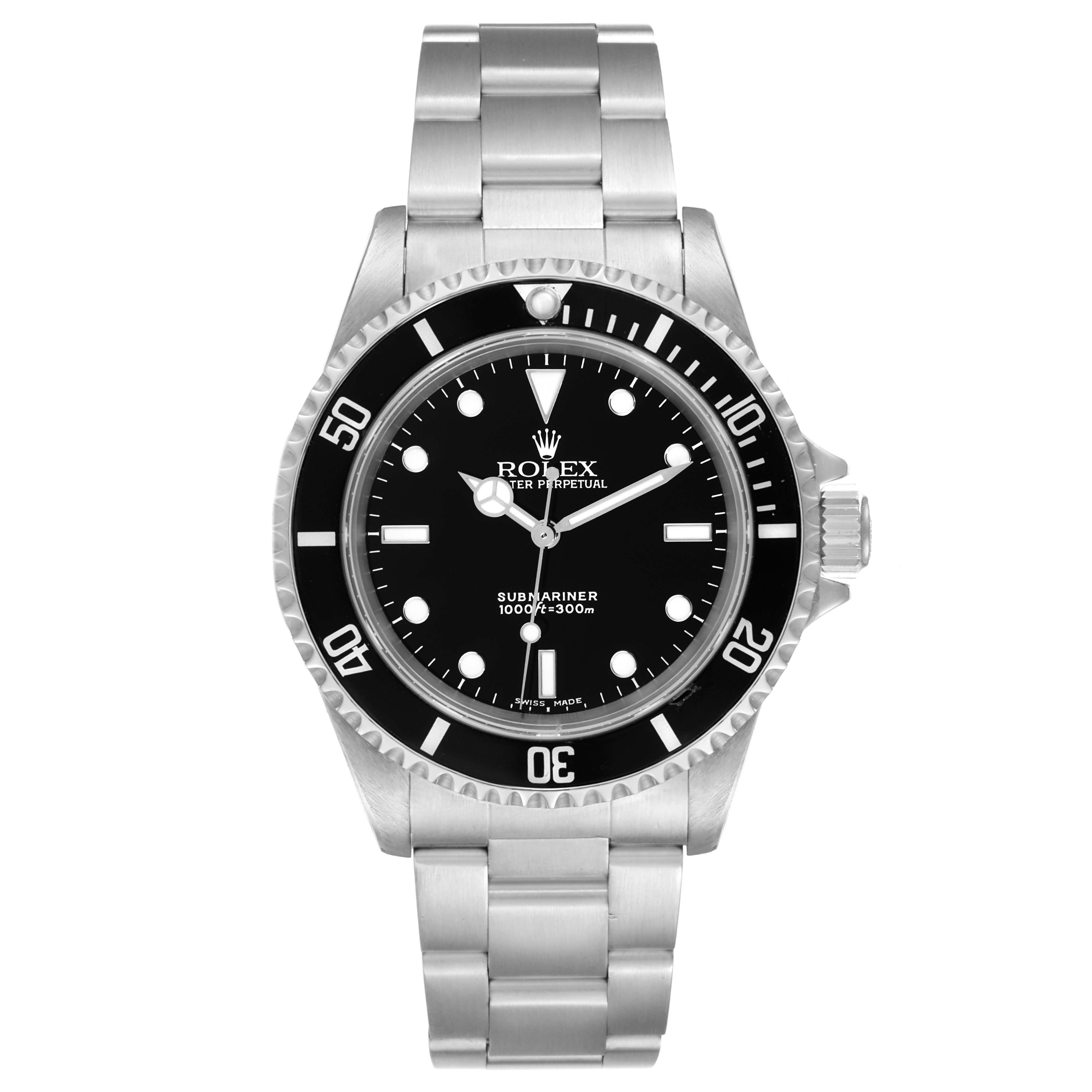 The image shows a front view of a Rolex Submariner 14060 Men's Stainless Steel Black Dial 14060 Men's Stainless Steel Black Dial watch, highlighting its dial, bezel, and bracelet.