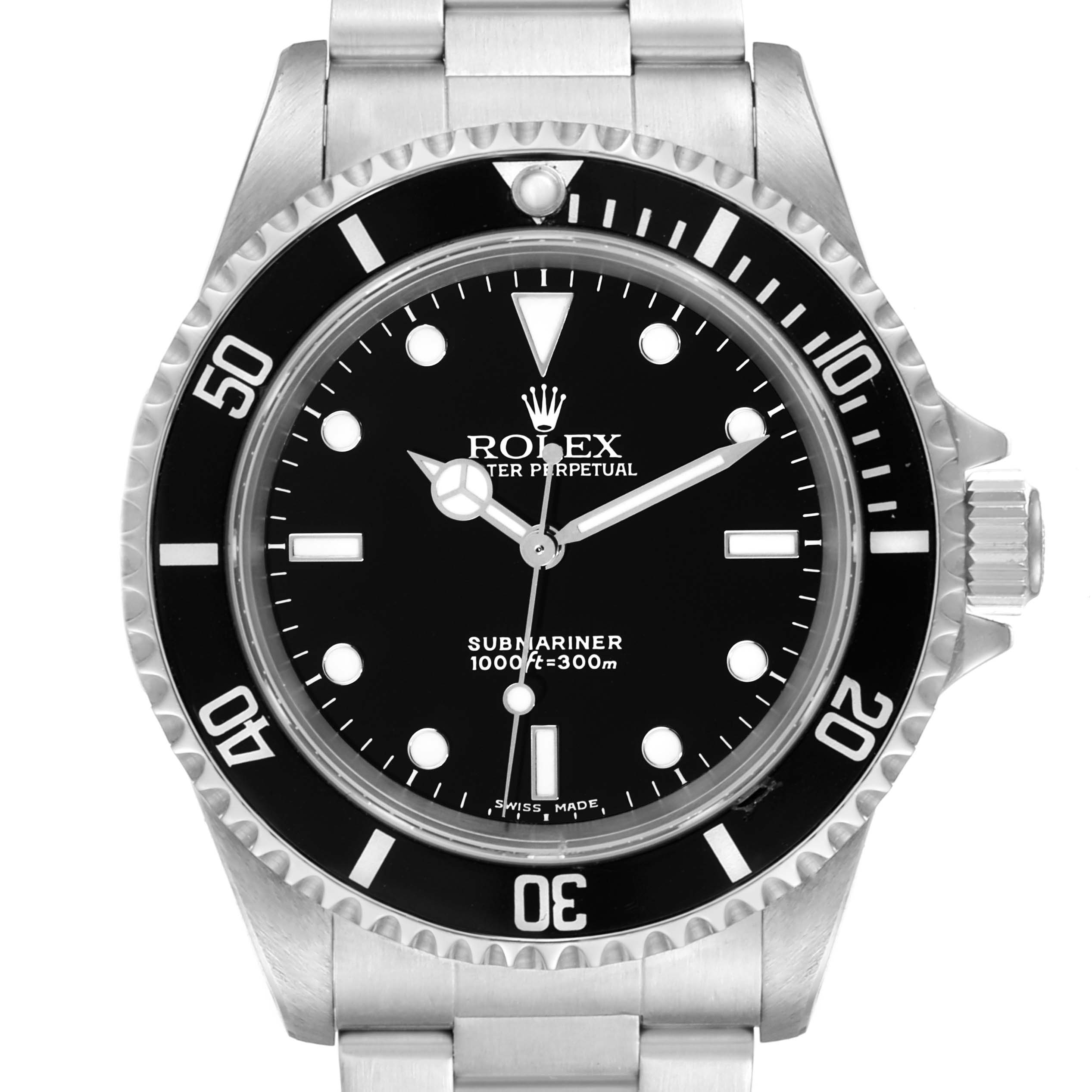 This image shows the Rolex Submariner 14060 Men's Stainless Steel Black Dial 14060 Men's Stainless Steel Black Dial watch head-on, highlighting the dial, bezel, crown, and part of the bracelet.