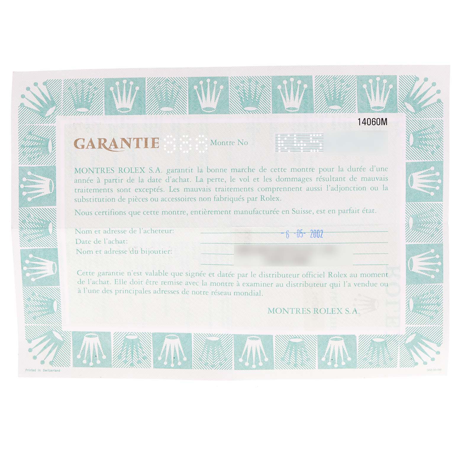 This image shows the warranty certificate for a Rolex Submariner 14060 Men's Stainless Steel Black Dial 14060 Men's Stainless Steel Black Dial watch, with a decorative border featuring the Rolex crown logo.