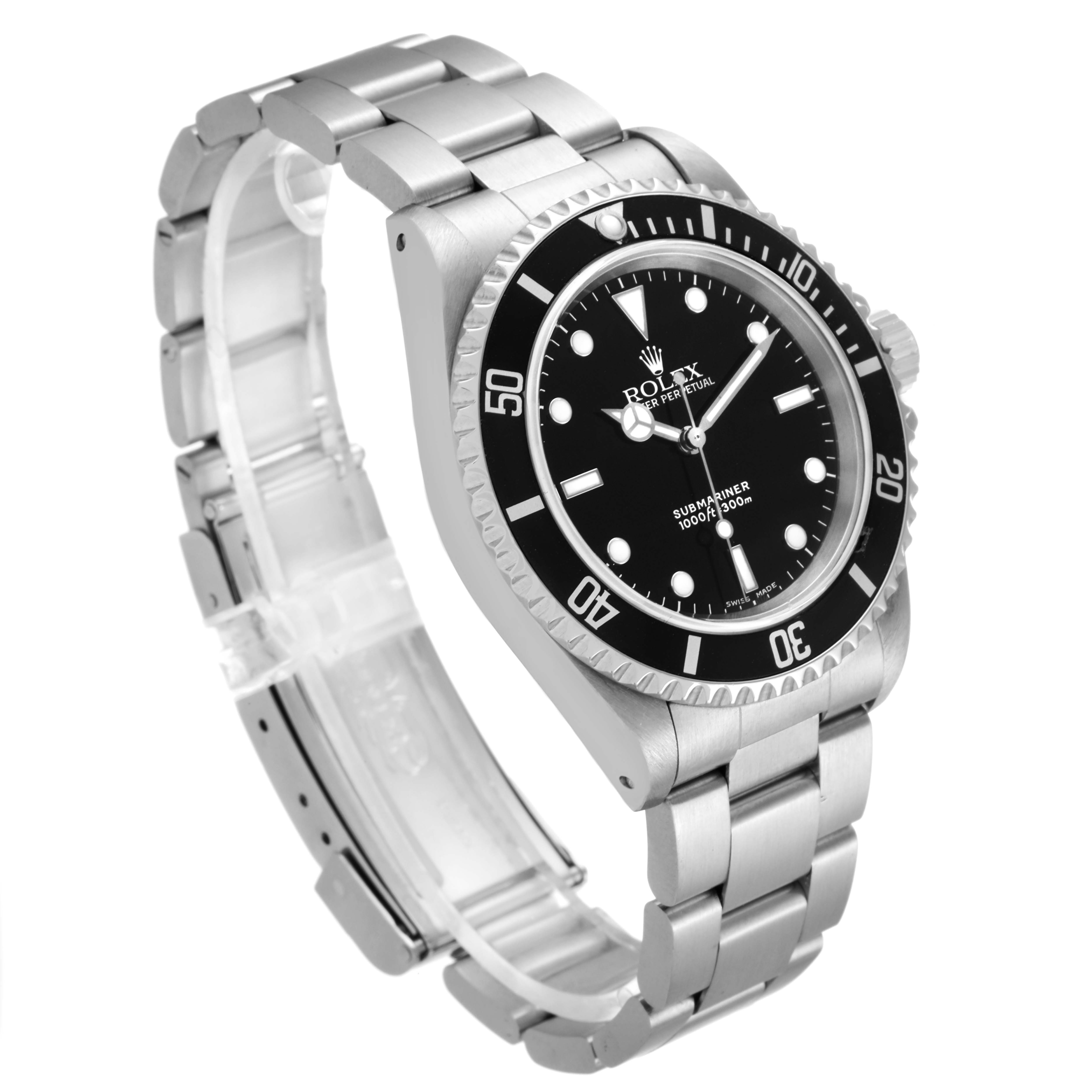 The image shows a side and front view of a Rolex Submariner 14060 Men's Stainless Steel Black Dial 14060 Men's Stainless Steel Black Dial watch, highlighting its stainless steel bracelet and black dial.