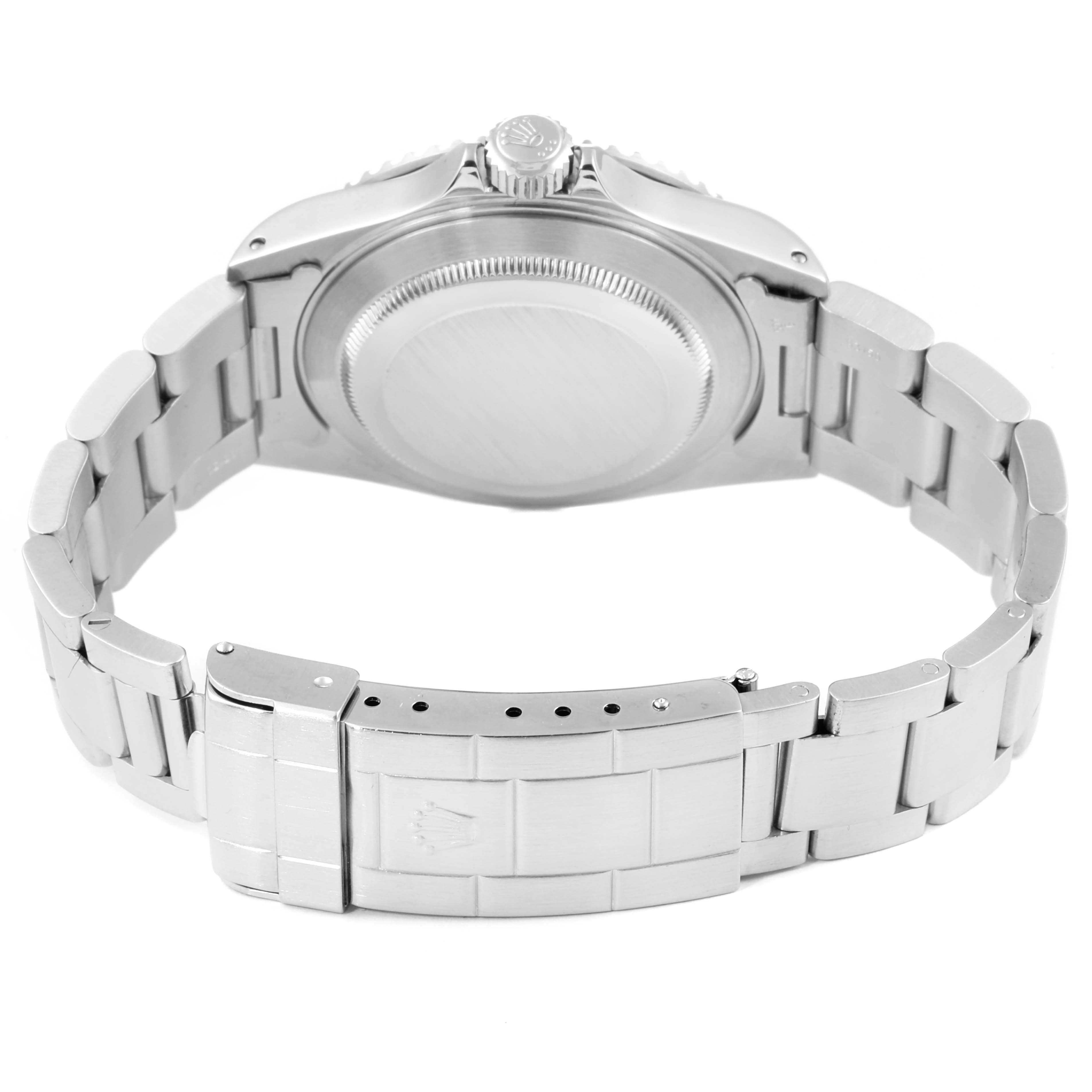 This image shows the back view of a Rolex Submariner 14060 Men's Stainless Steel Black Dial 14060 Men's Stainless Steel Black Dial watch, highlighting the case back, bracelet, and clasp.