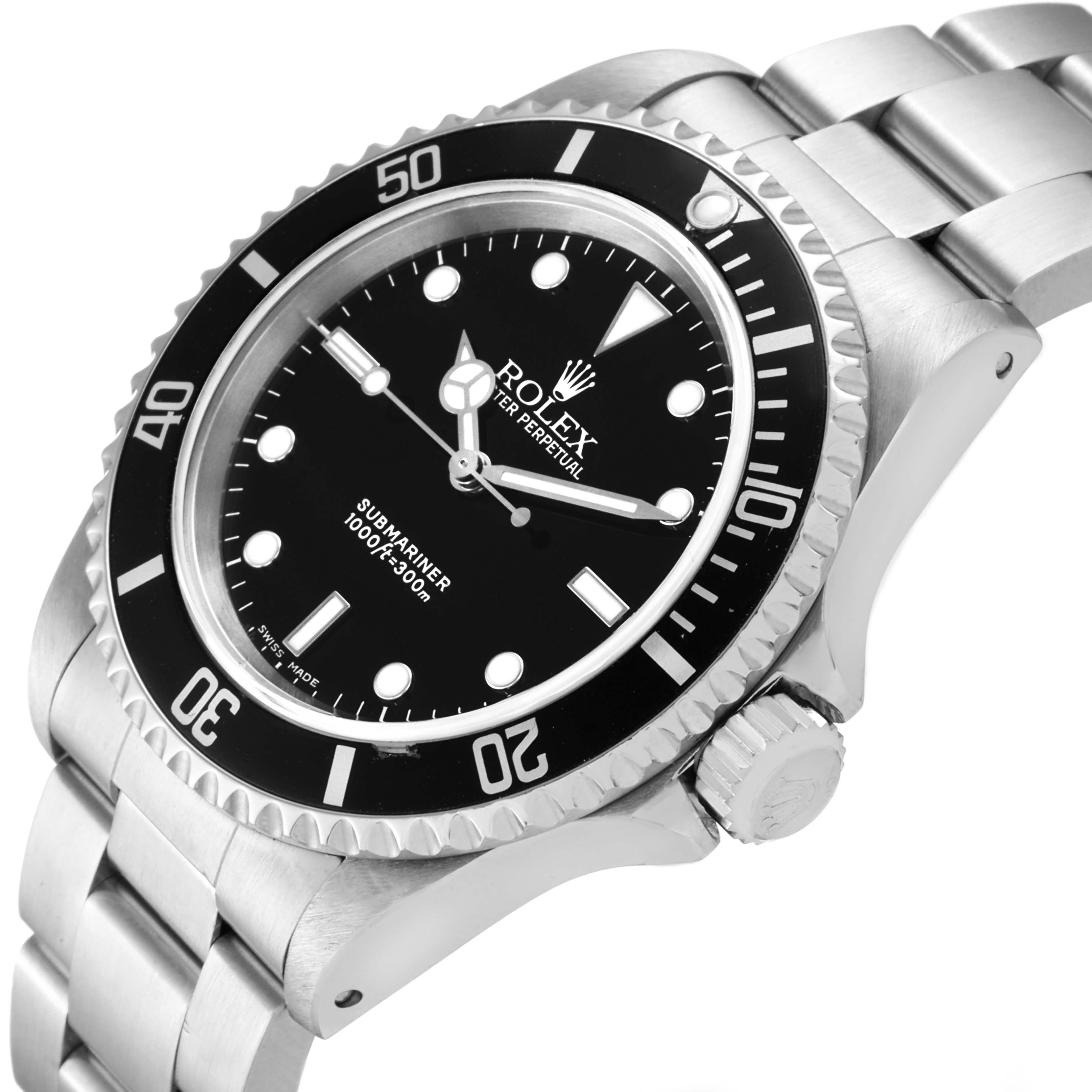 This image shows a Rolex Submariner 14060 Men's Stainless Steel Black Dial 14060 Men's Stainless Steel Black Dial watch at an angled view, highlighting the bezel, dial, crown, and stainless steel bracelet.