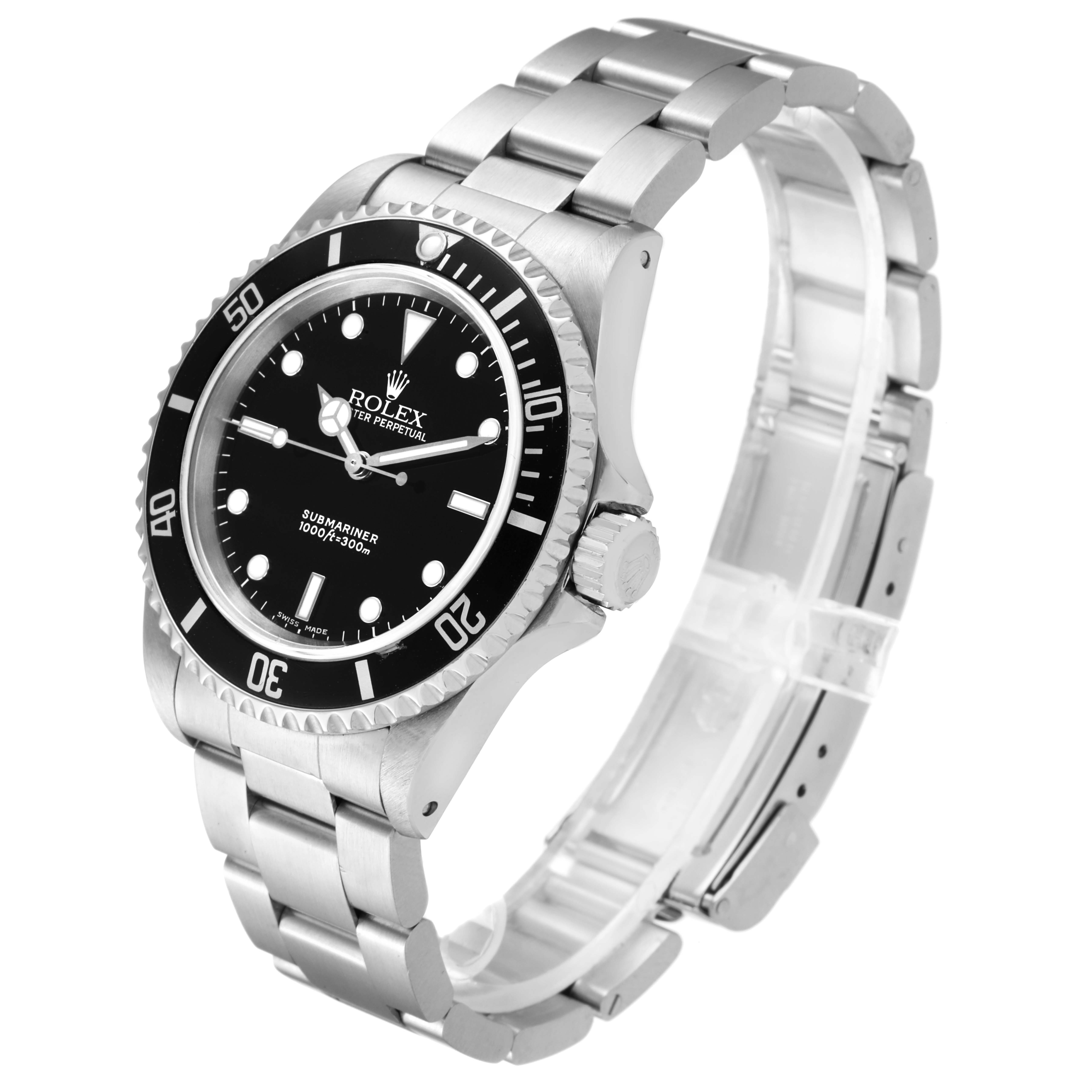 The Rolex Submariner 14060 Men's Stainless Steel Black Dial 14060 Men's Stainless Steel Black Dial watch is shown at an angled side view, displaying the face, bezel, crown, and metal bracelet.