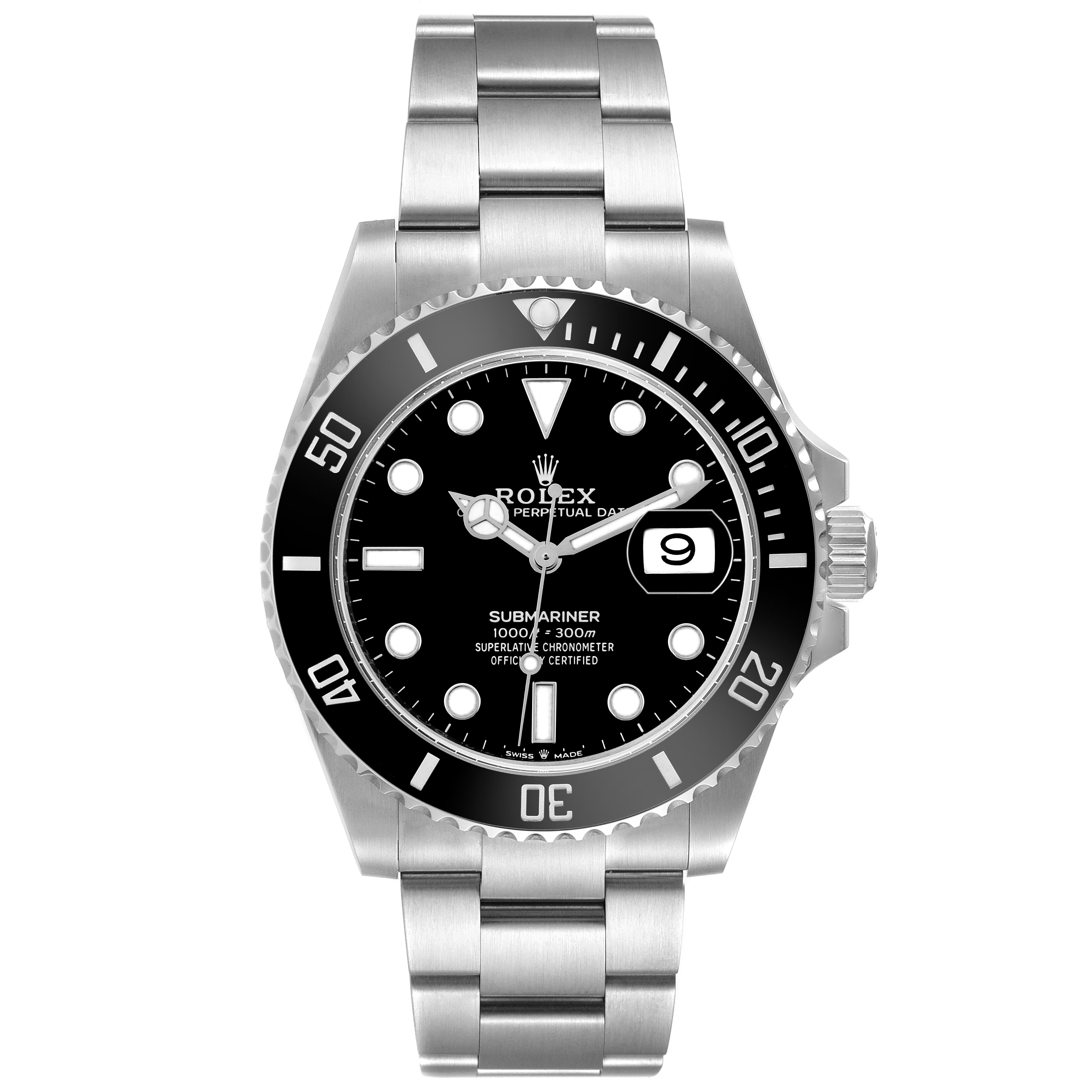 The Rolex Submariner 126610LN Men's Stainless Steel Black Dial 126610LN Men's Stainless Steel Black Dial watch is shown from a front angle, displaying the dial, bezel, bracelet, and crown.