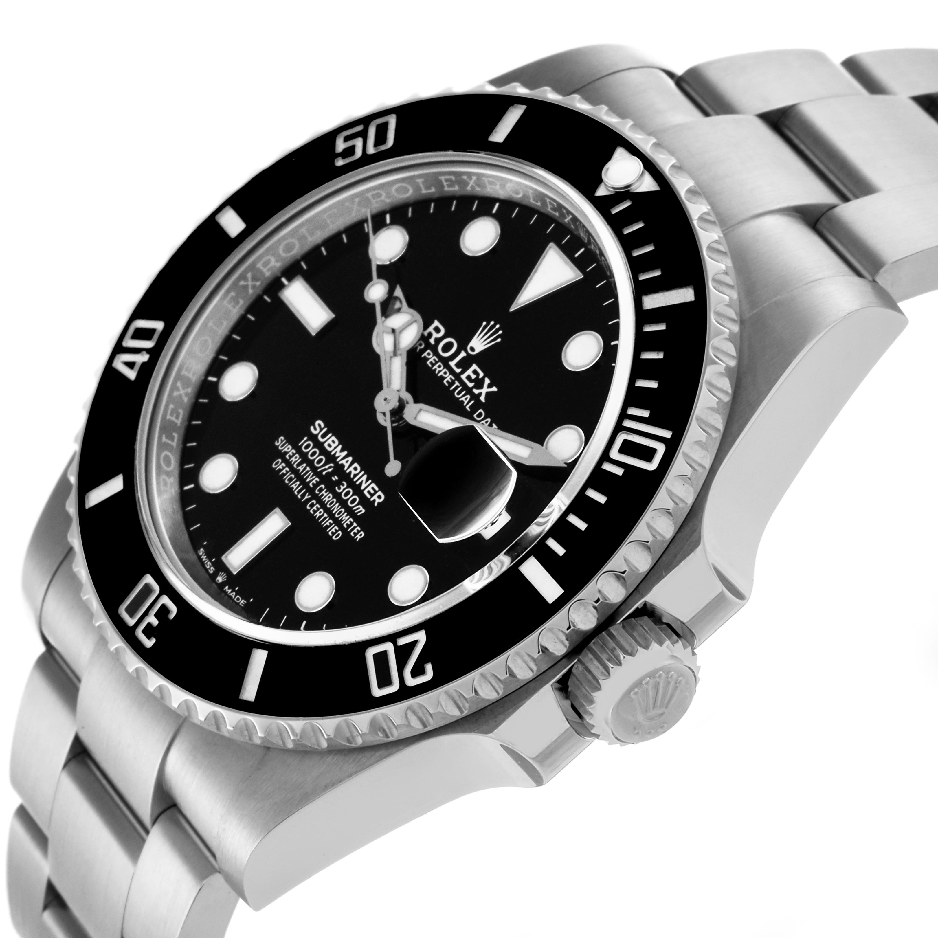 The Rolex Submariner 126610LN Men's Stainless Steel Black Dial 126610LN Men's Stainless Steel Black Dial watch is shown at a side angle highlighting the bezel, dial, and bracelet.