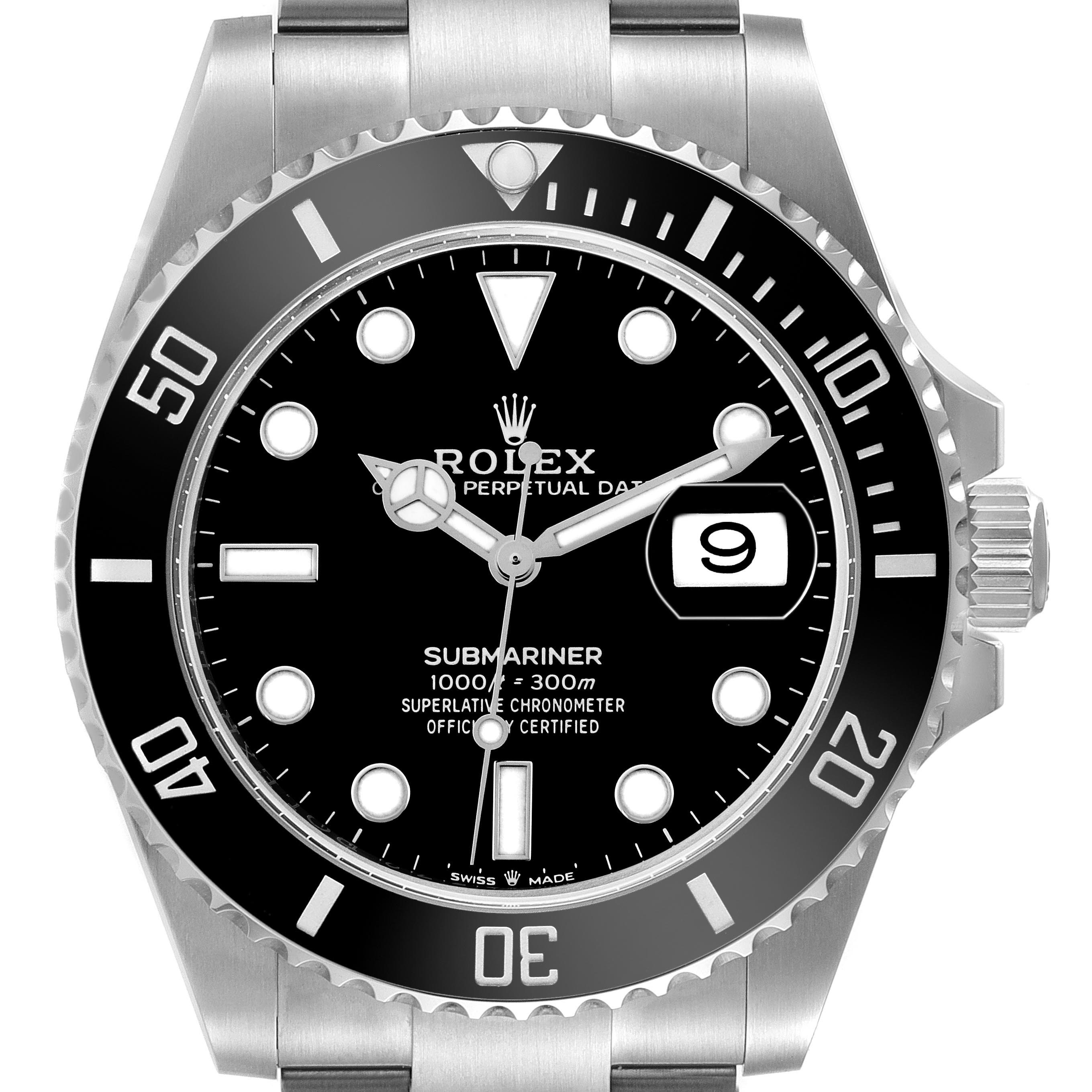 The Rolex Submariner 126610LN Men's Stainless Steel Black Dial 126610LN Men's Stainless Steel Black Dial watch is shown from a front angle, highlighting the dial, bezel, and part of the bracelet.