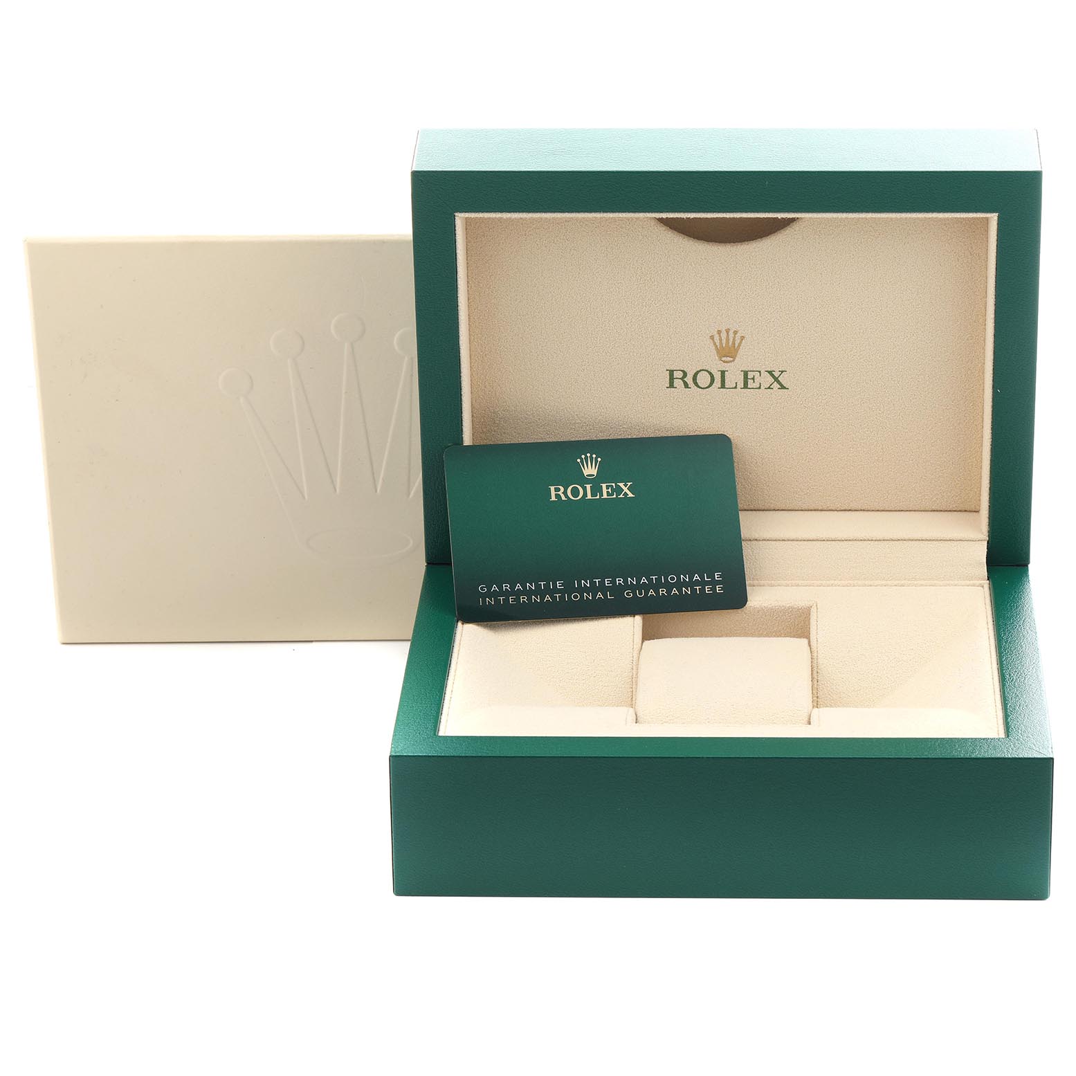 The image shows a Rolex Submariner 126610LN Men's Stainless Steel Black Dial 126610LN Men's Stainless Steel Black Dial watch box, open to display the interior and a guarantee card.