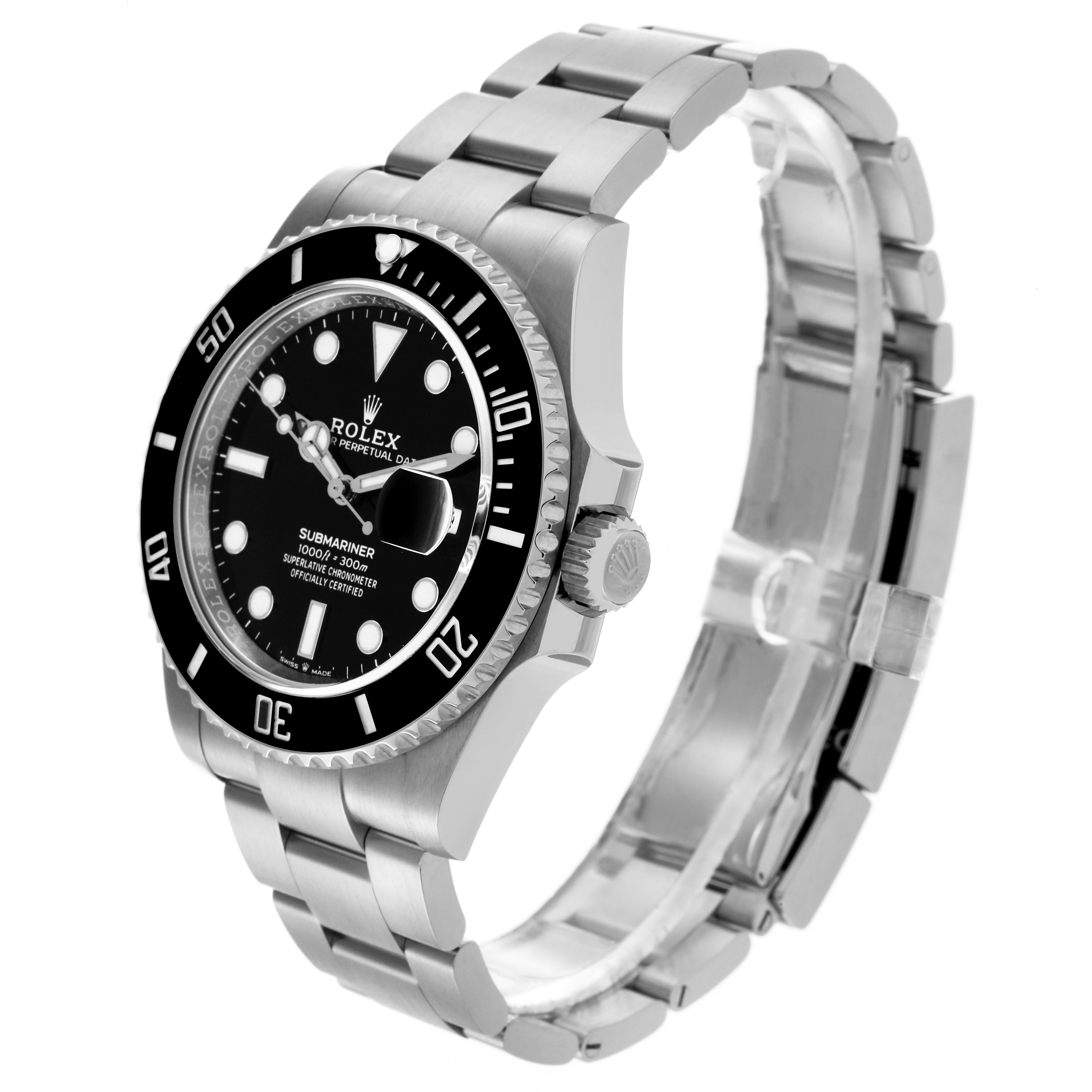 The Rolex Submariner 126610LN Men's Stainless Steel Black Dial 126610LN Men's Stainless Steel Black Dial watch is shown at a three-quarter angle, displaying the bezel, bracelet, dial, and crown.