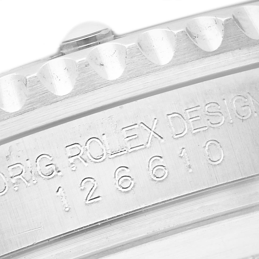 The image shows a close-up of the Rolex Submariner 126610LN Men's Stainless Steel Black Dial 126610LN Men's Stainless Steel Black Dial's engraved side, focusing on the model number.