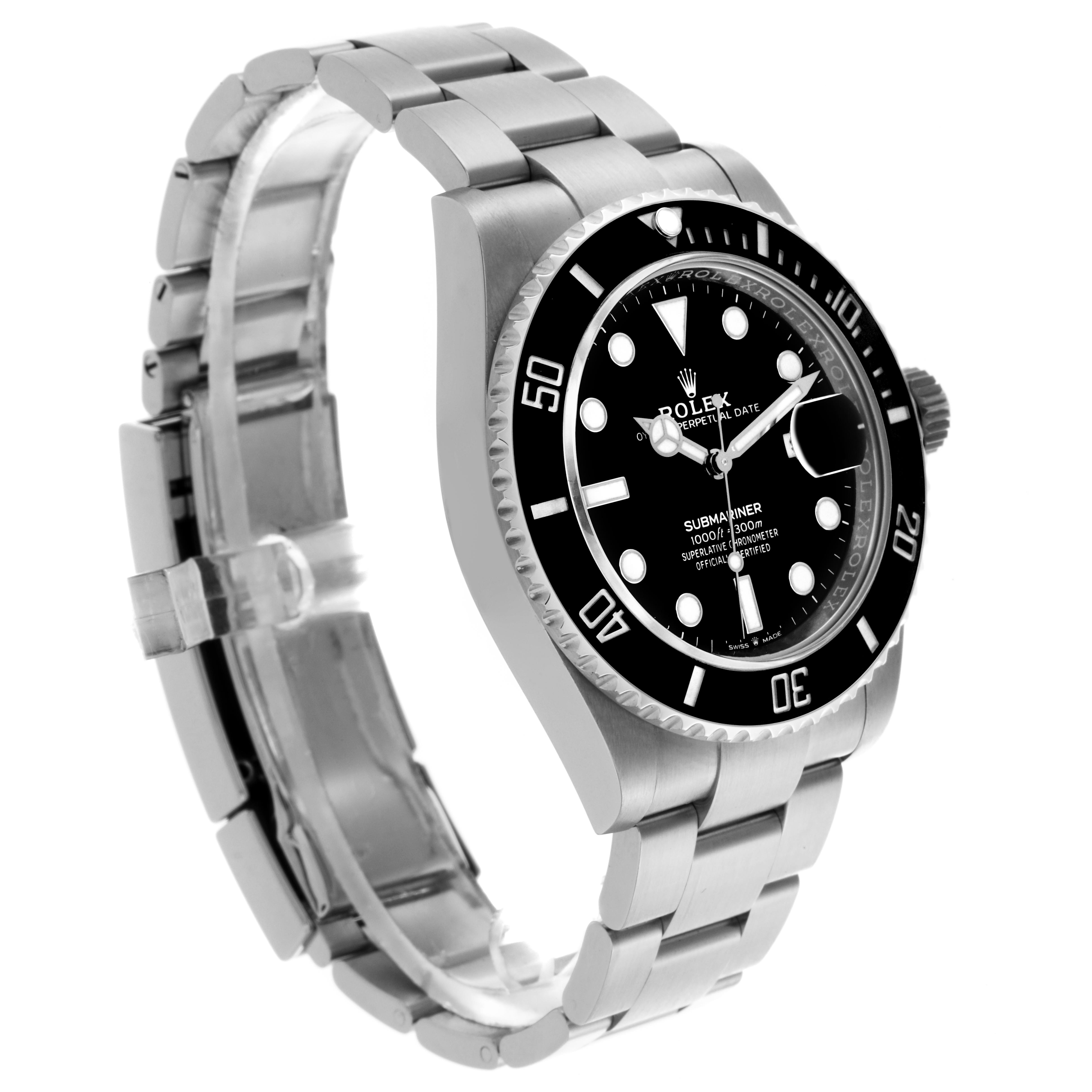 The Rolex Submariner 126610LN Men's Stainless Steel Black Dial 126610LN Men's Stainless Steel Black Dial watch is shown at a side angle, highlighting the bracelet, bezel, and dial.